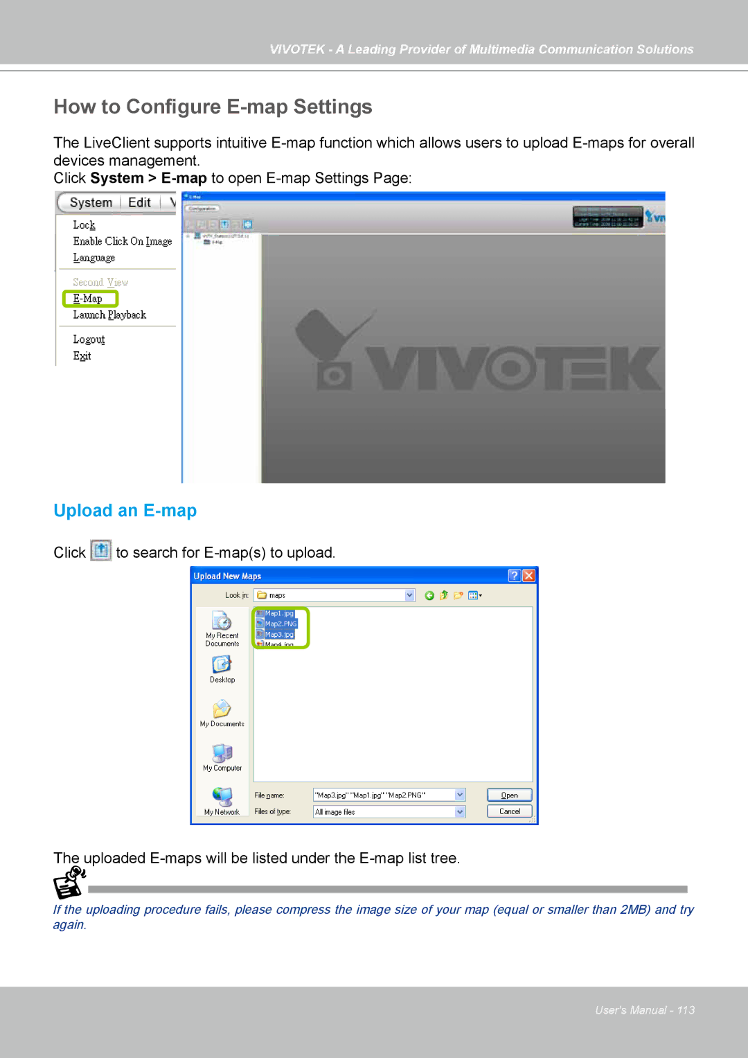 Vivotek st501 user manual How to Configure E-map Settings, Upload an E-map 