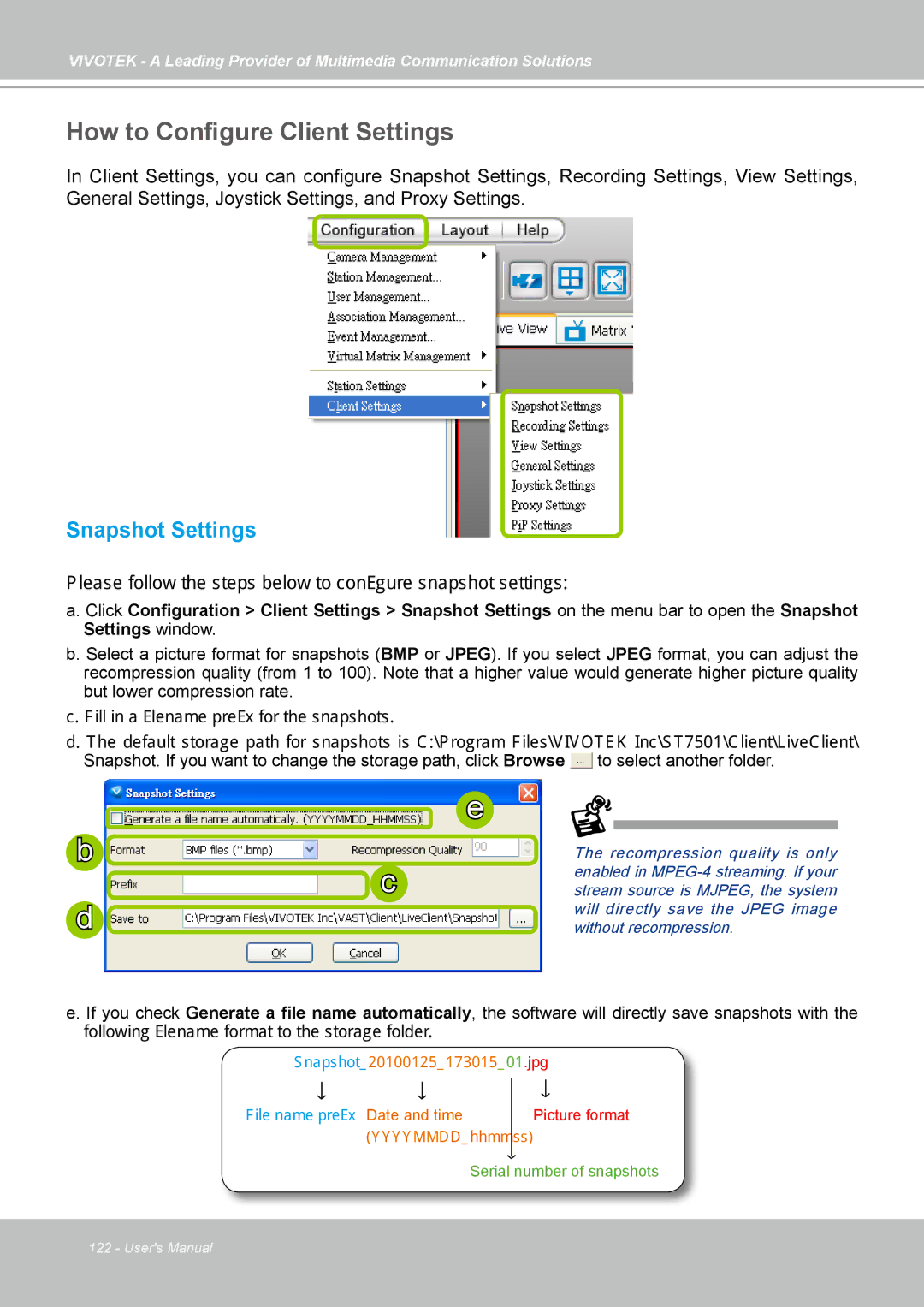 Vivotek st501 user manual How to Configure Client Settings, Snapshot Settings 