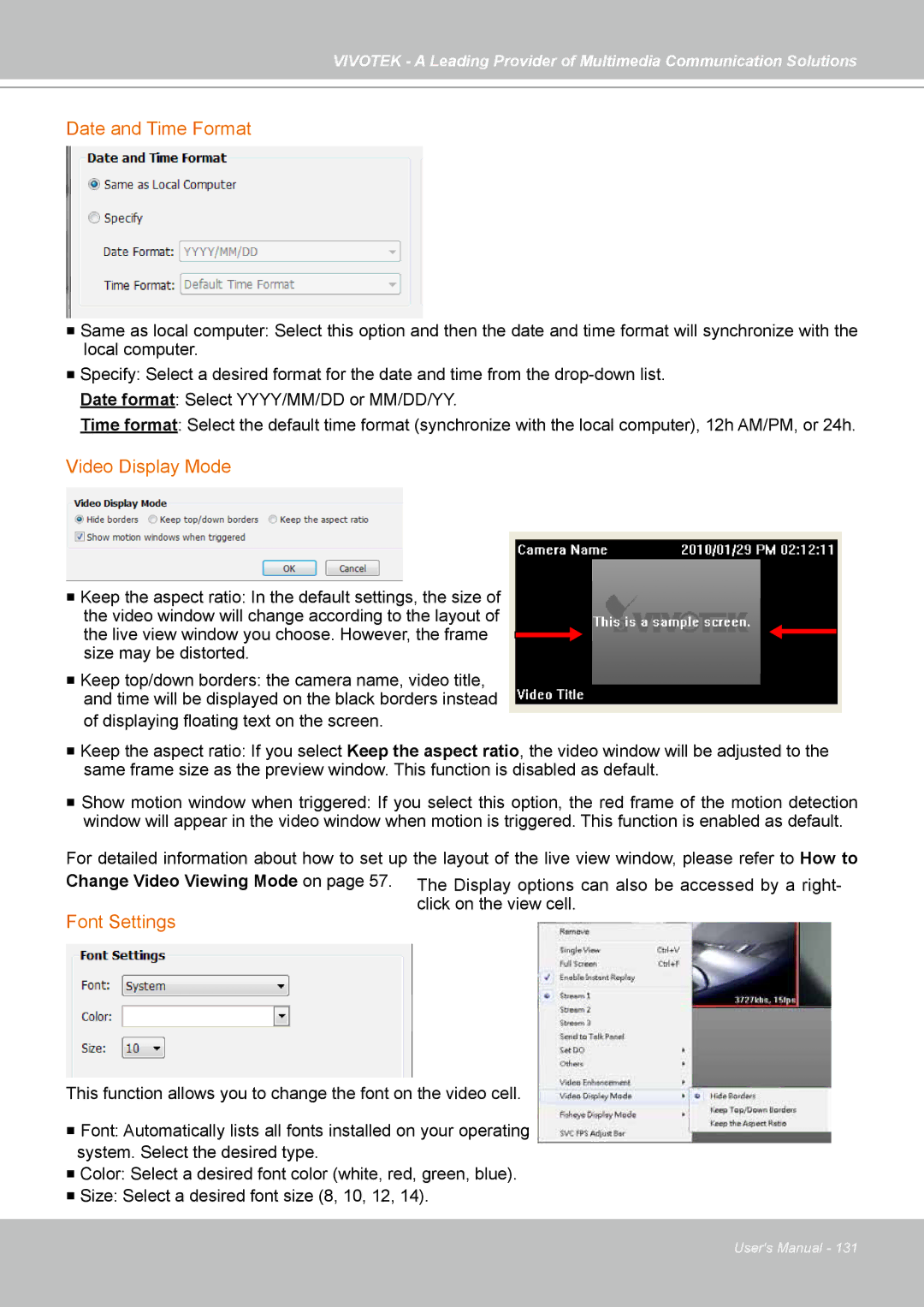 Vivotek st501 user manual Date and Time Format, Video Display Mode, Font Settings 