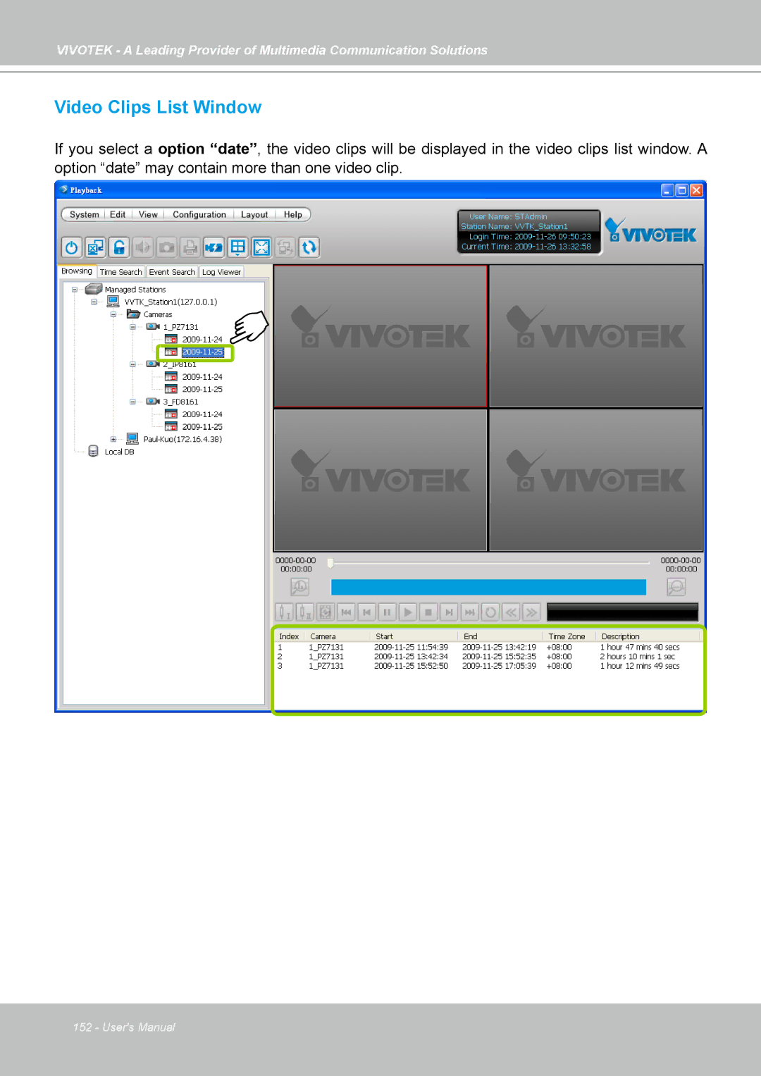 Vivotek st501 user manual Video Clips List Window 