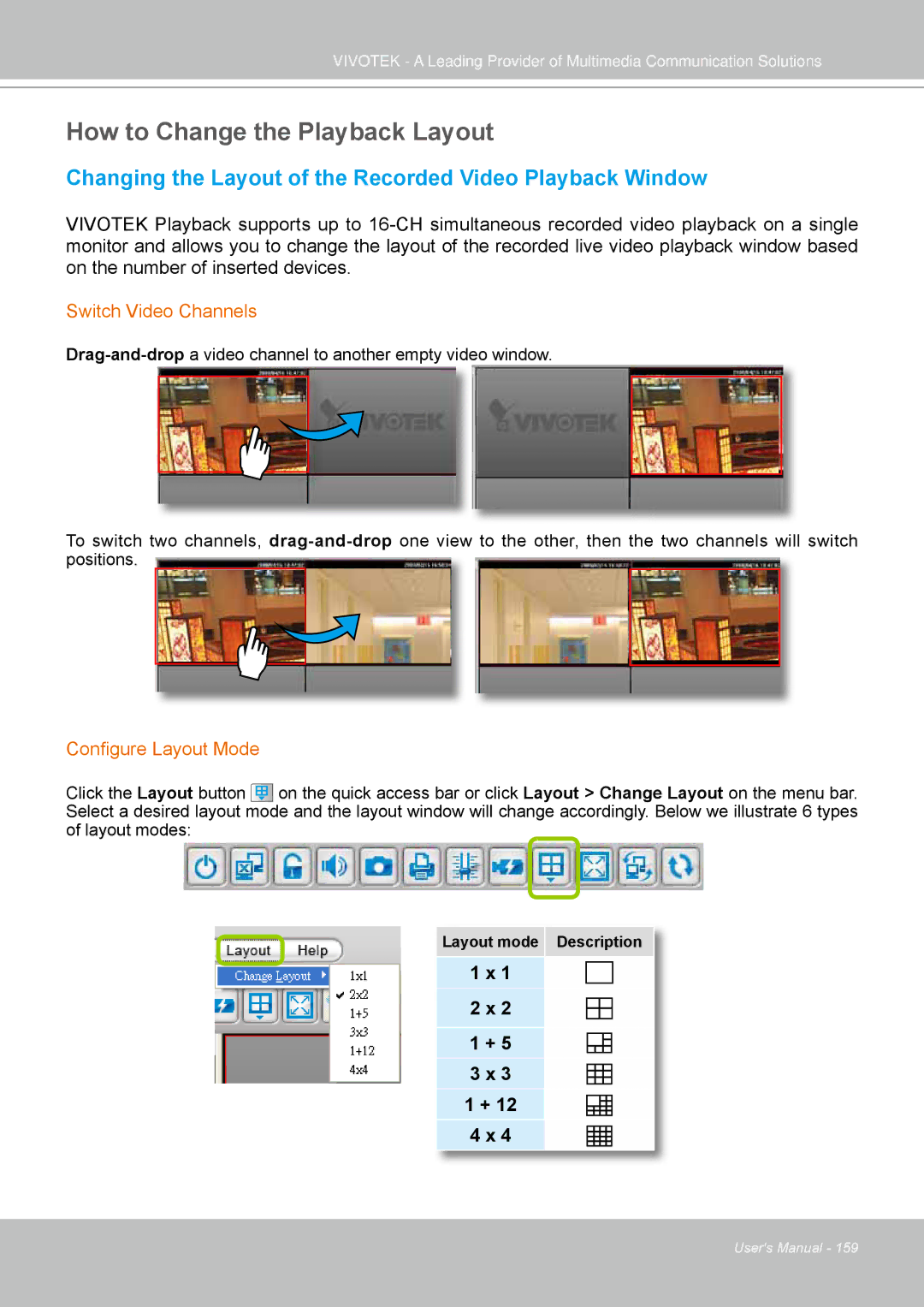 Vivotek st501 user manual How to Change the Playback Layout, Changing the Layout of the Recorded Video Playback Window 