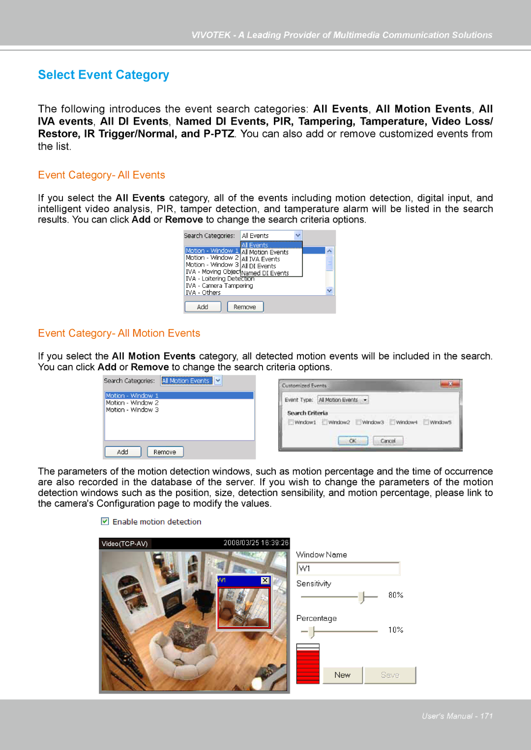 Vivotek st501 user manual Select Event Category, Event Category- All Events, Event Category- All Motion Events 