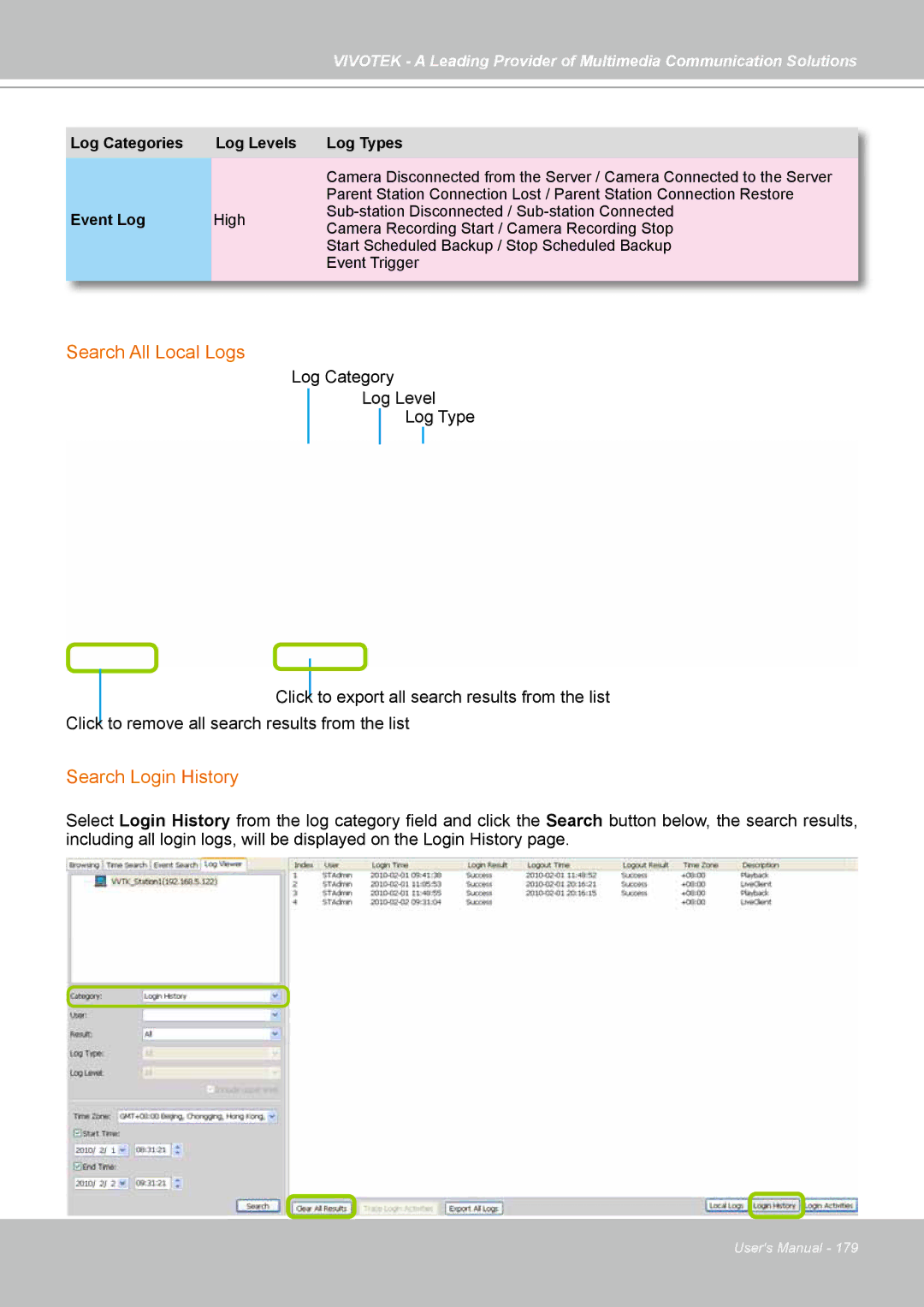 Vivotek st501 user manual Search All Local Logs, Search Login History 