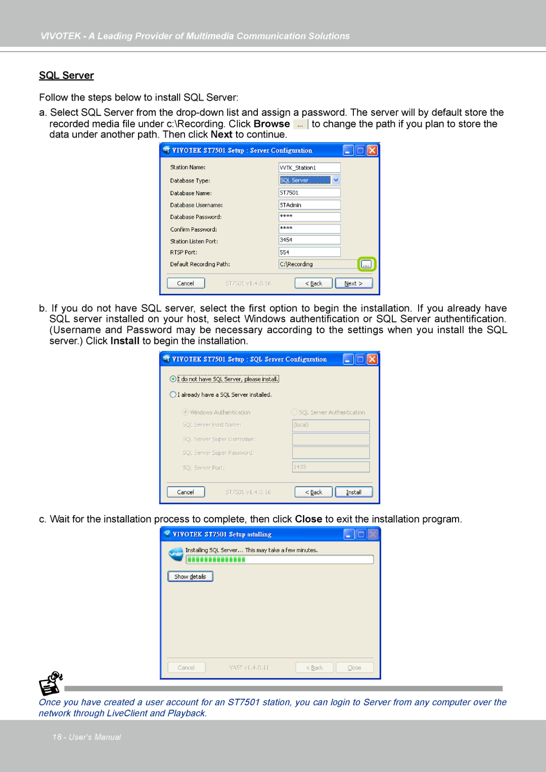 Vivotek st501 user manual SQL Server 