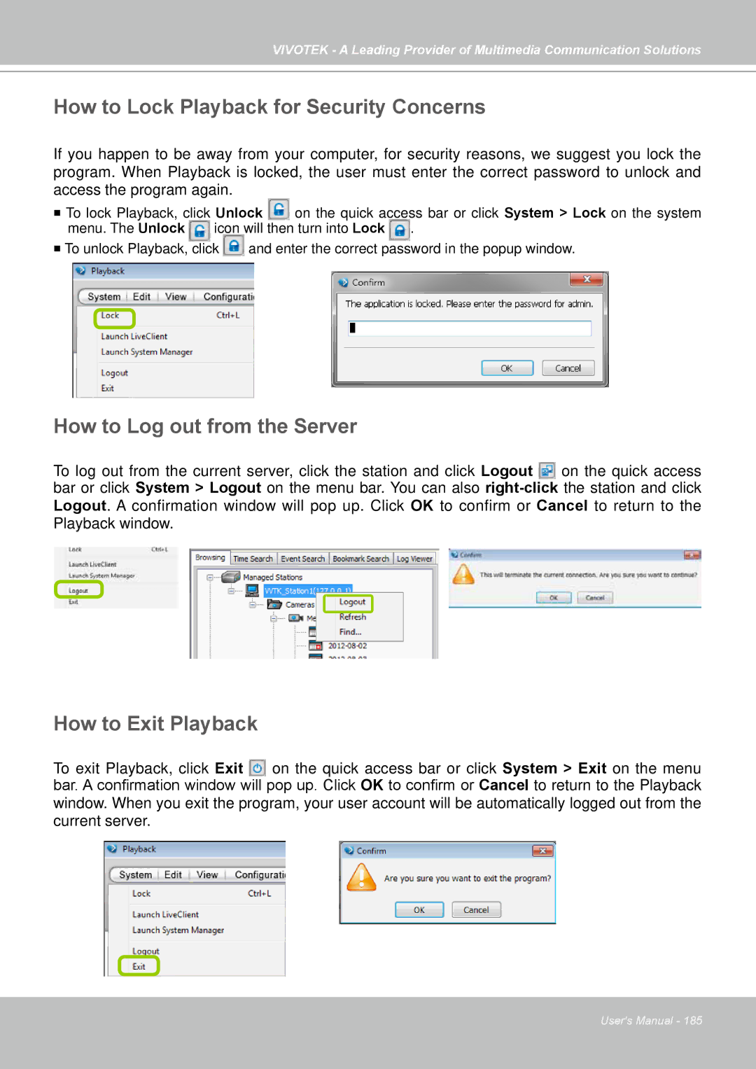 Vivotek st501 user manual How to Lock Playback for Security Concerns, How to Exit Playback 