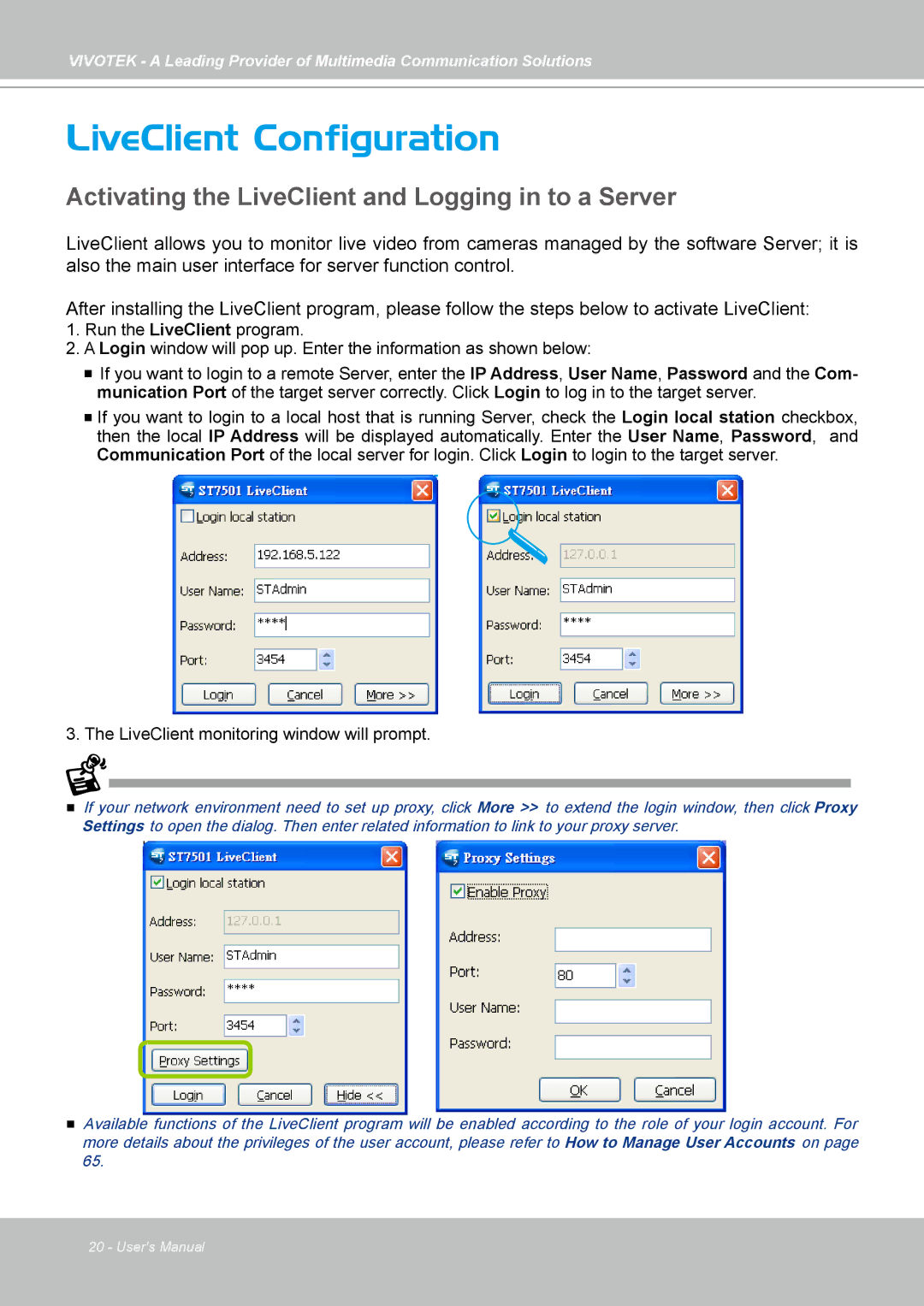 Vivotek st501 user manual LiveClient Configuration, Activating the LiveClient and Logging in to a Server 