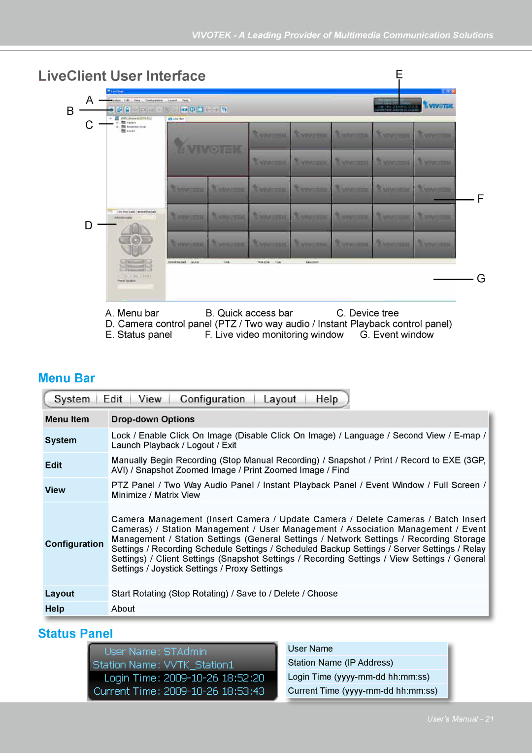 Vivotek st501 user manual LiveClient User Interface, Menu Bar, Status Panel 