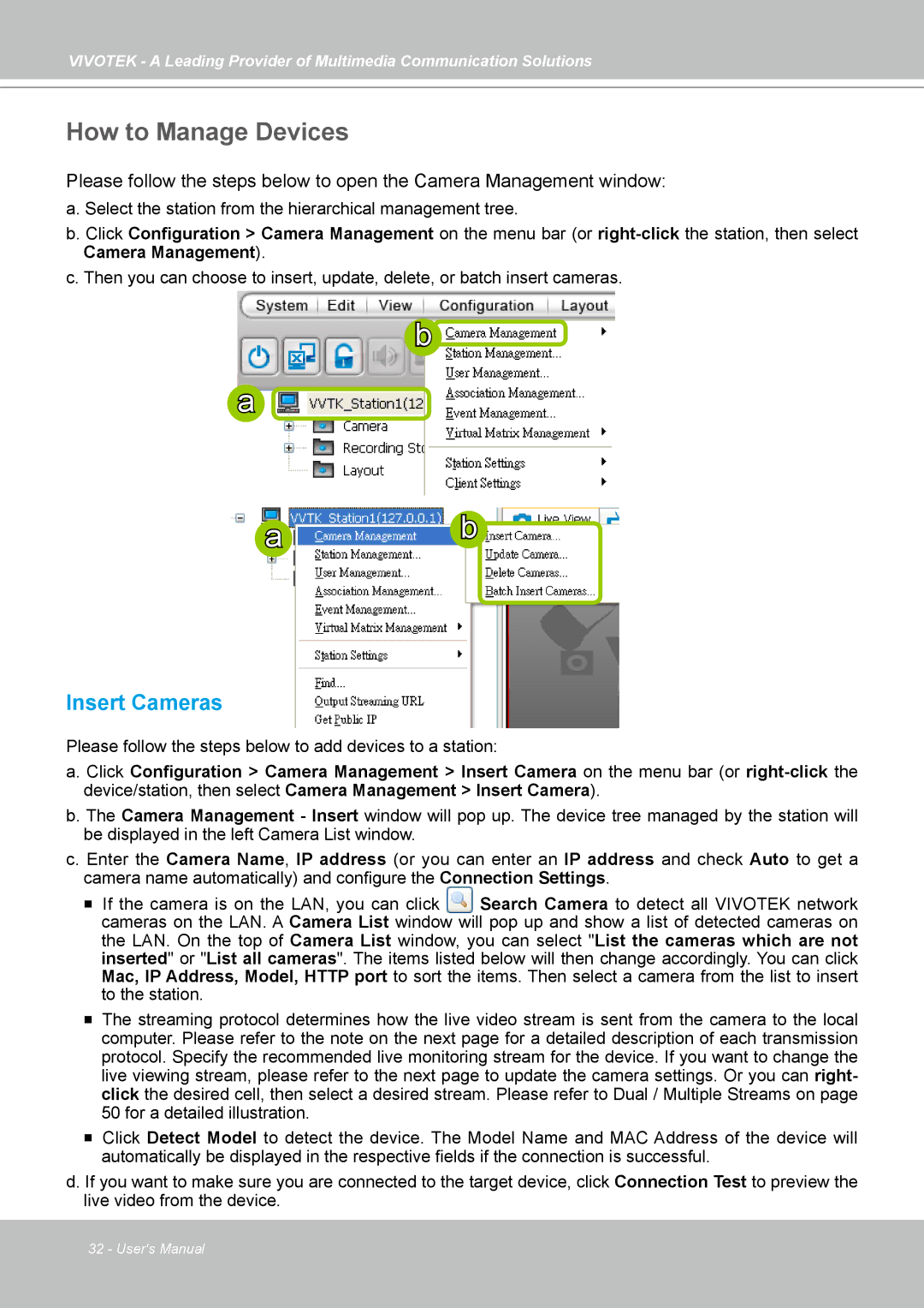 Vivotek st501 user manual How to Manage Devices, Insert Cameras 