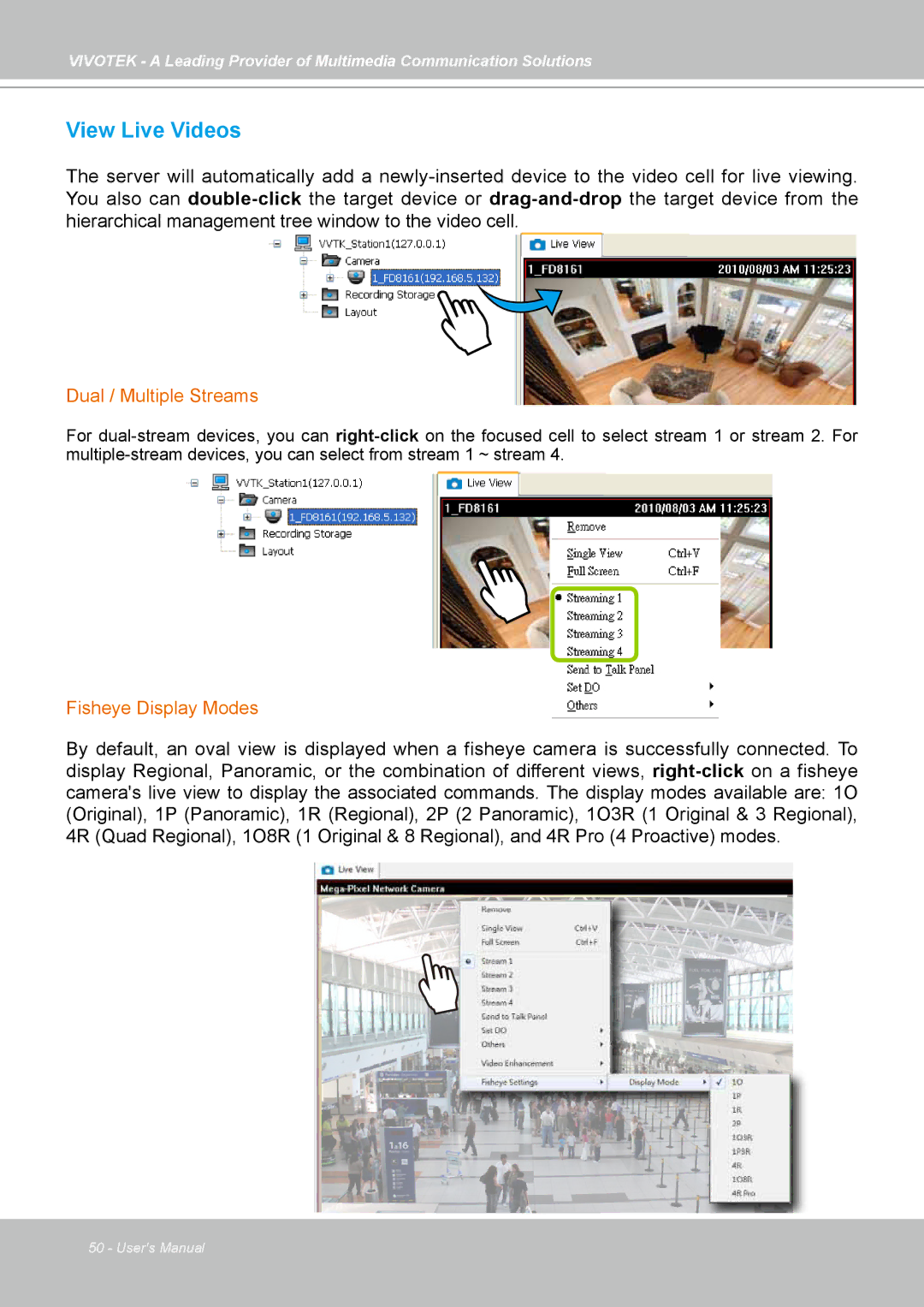 Vivotek st501 user manual View Live Videos, Dual / Multiple Streams, Fisheye Display Modes 