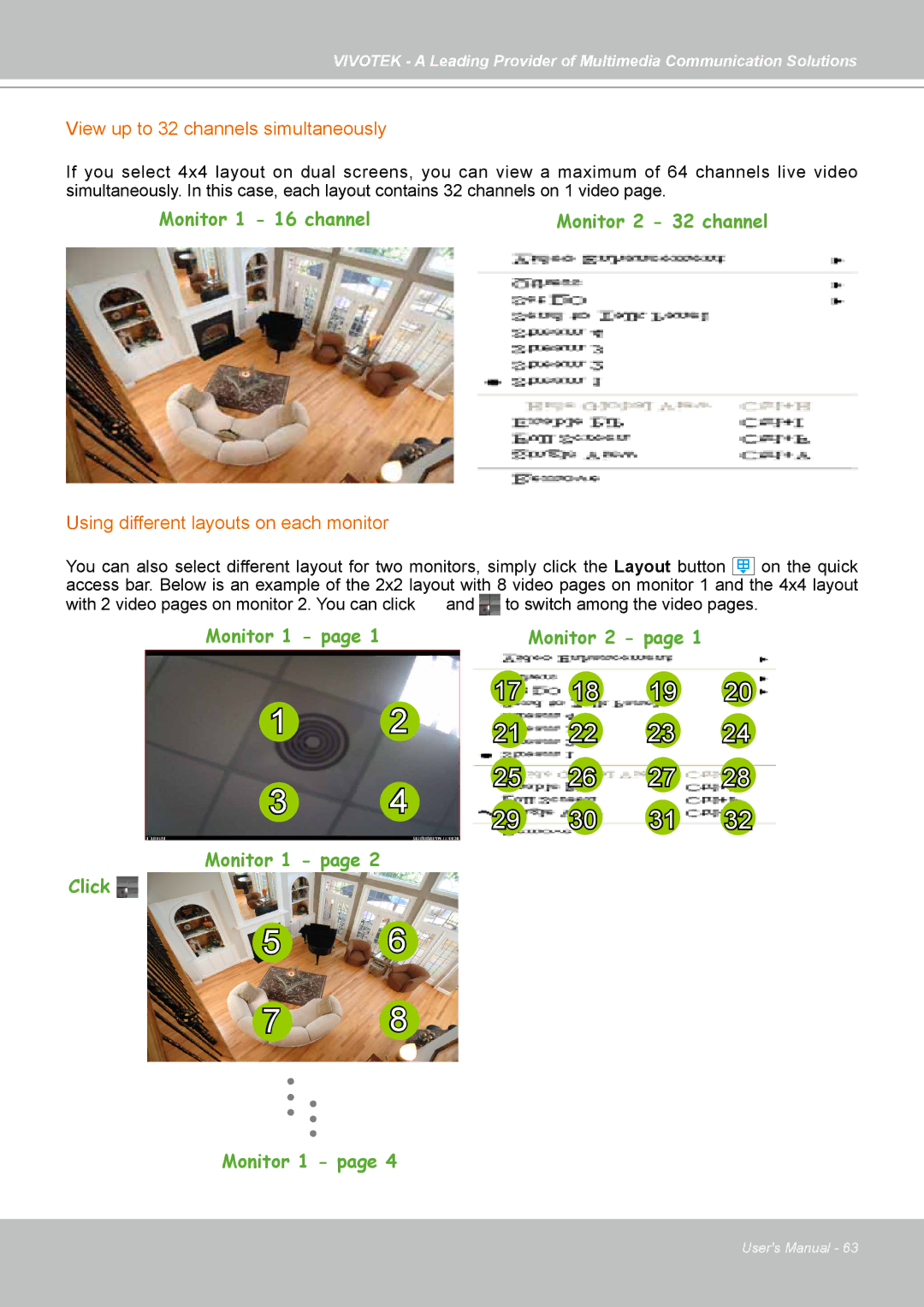 Vivotek st501 user manual View up to 32 channels simultaneously, Using different layouts on each monitor 