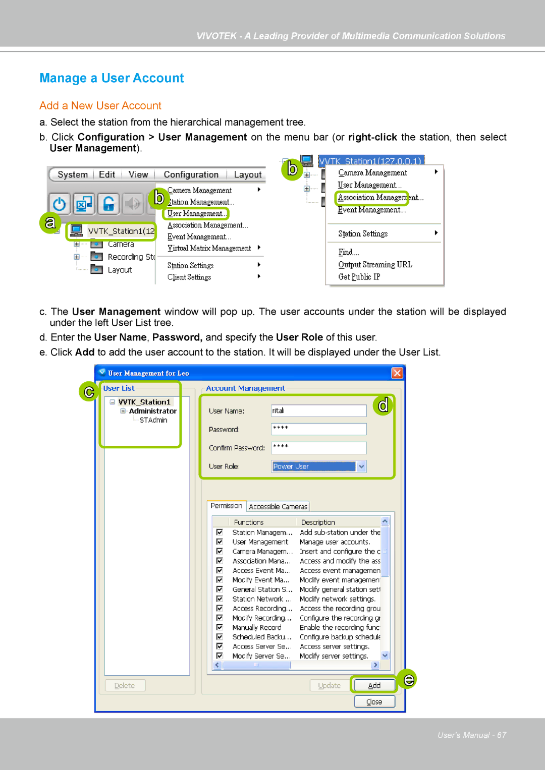 Vivotek st501 user manual Manage a User Account, Add a New User Account 