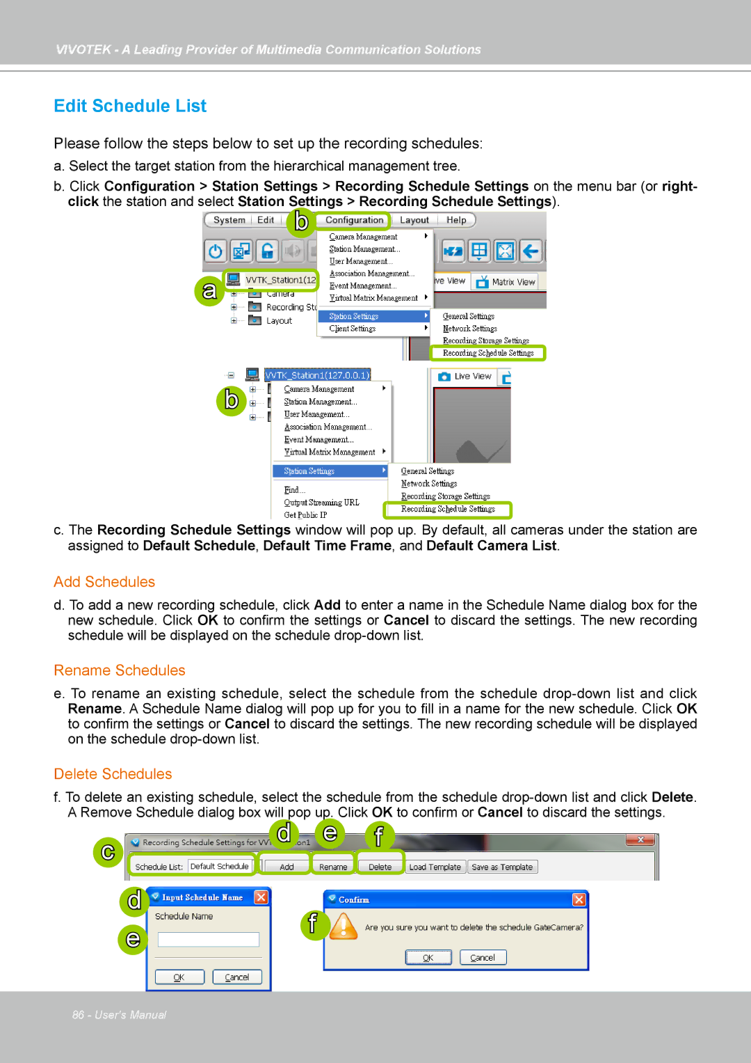 Vivotek st501 user manual Edit Schedule List, Add Schedules, Rename Schedules, Delete Schedules 