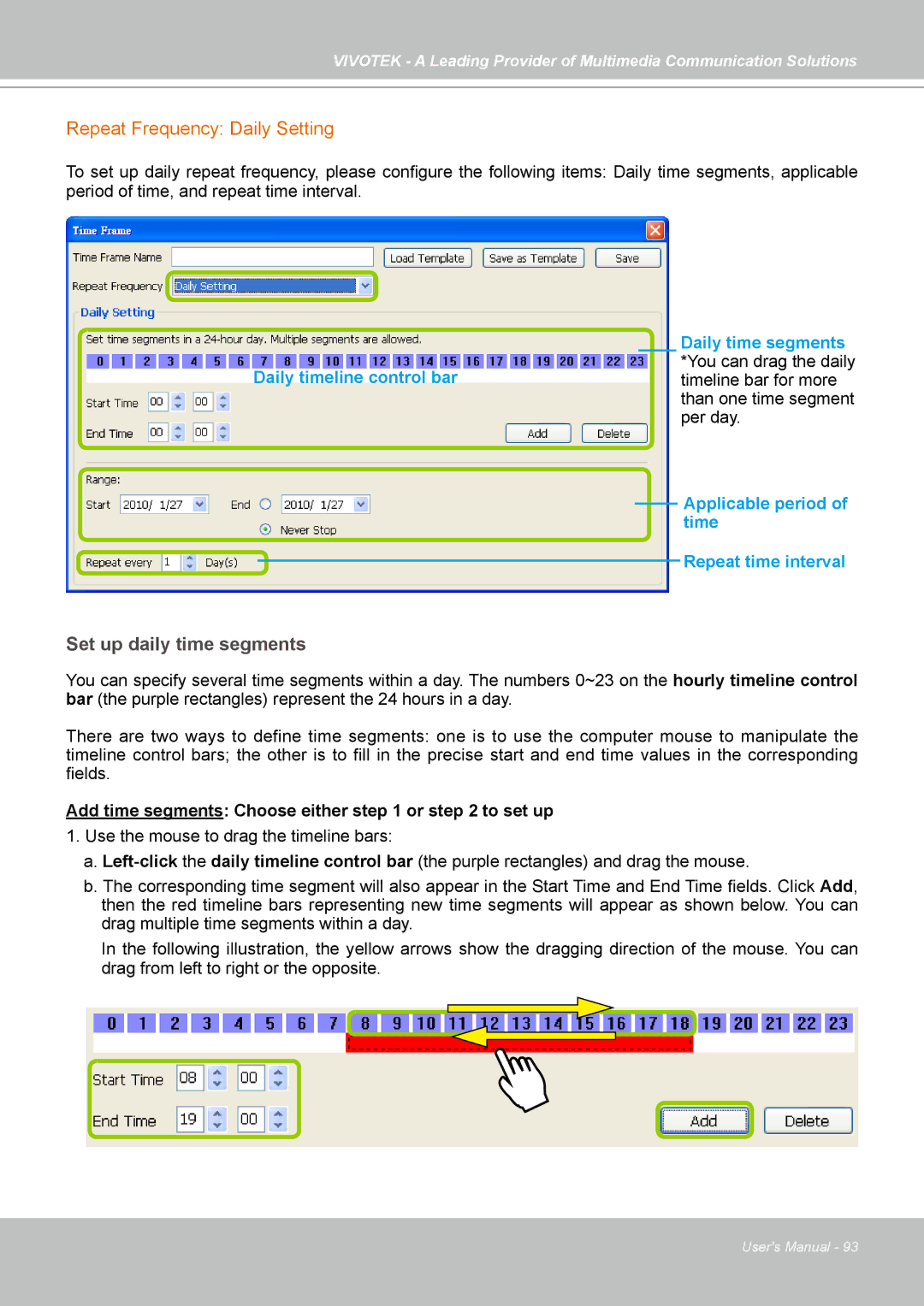 Vivotek st501 user manual Repeat Frequency Daily Setting, Set up daily time segments 