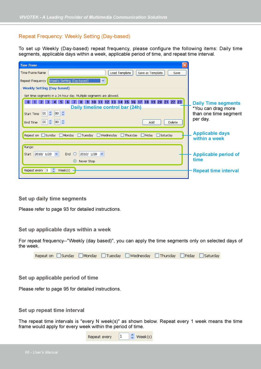 Vivotek st501 user manual Repeat Frequency Weekly Setting Day-based, Set up applicable days within a week 