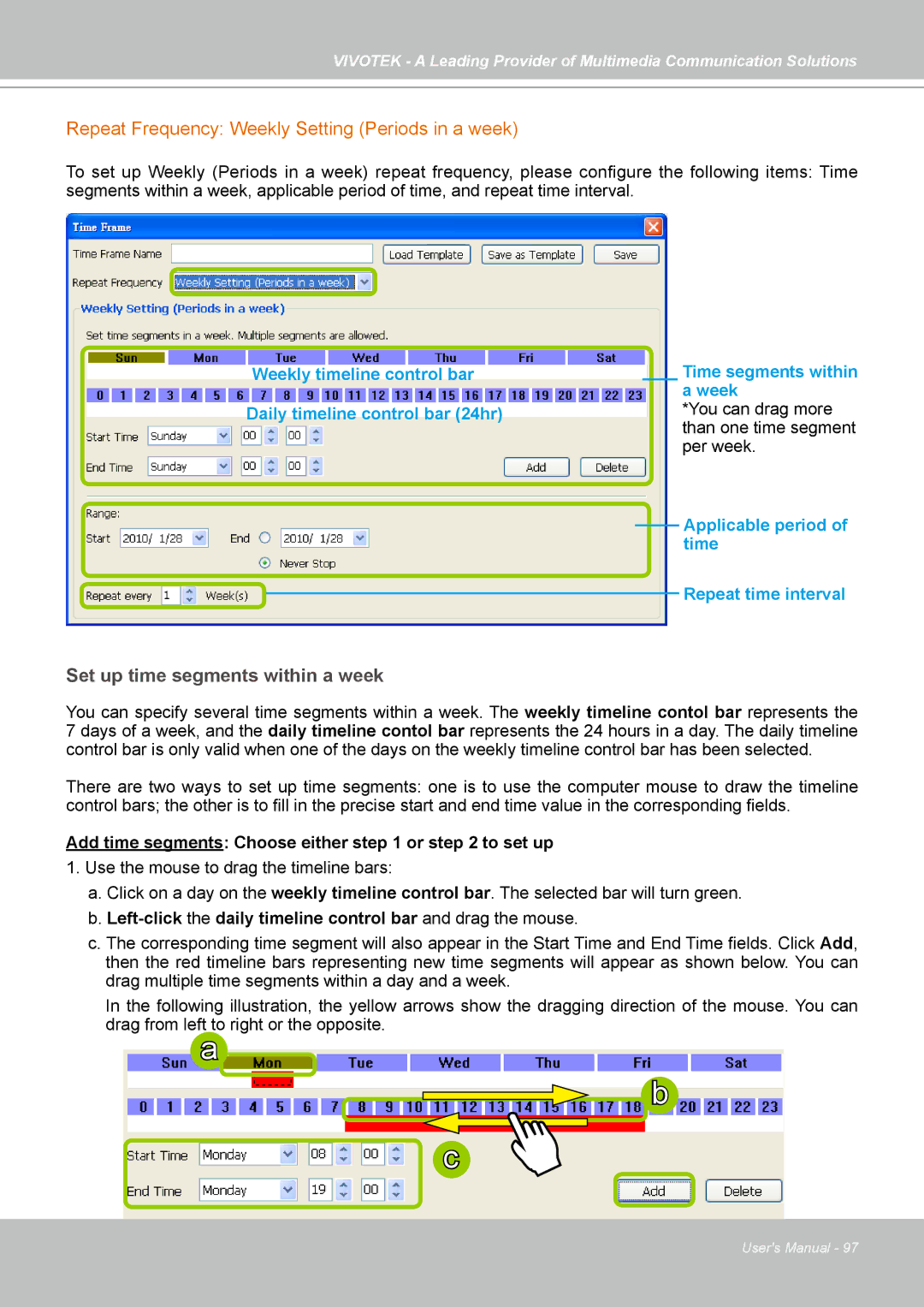 Vivotek st501 user manual Repeat Frequency Weekly Setting Periods in a week, Set up time segments within a week 