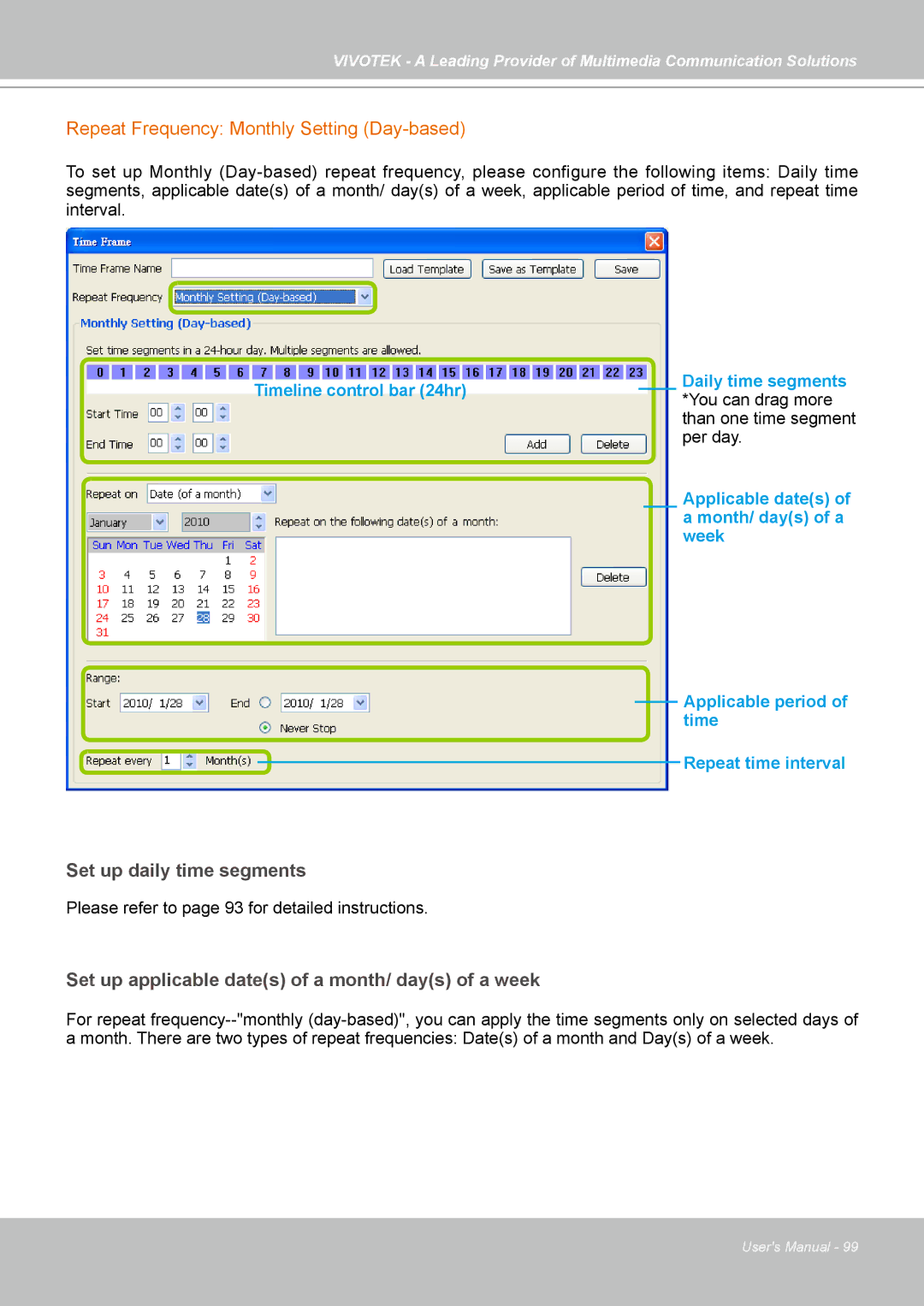 Vivotek st501 user manual Repeat Frequency Monthly Setting Day-based, Set up applicable dates of a month/ days of a week 