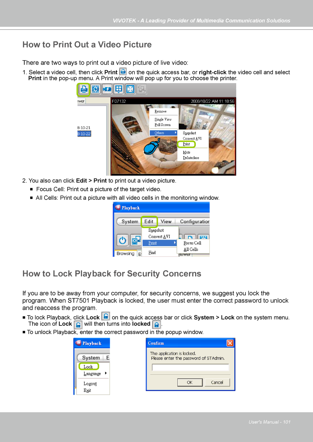 Vivotek ST7501 manual How to Print Out a Video Picture, How to Lock Playback for Security Concerns 