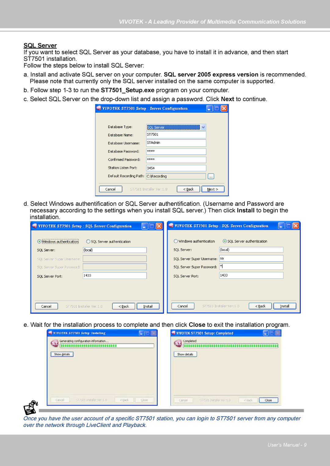 Vivotek ST7501 manual SQL Server 