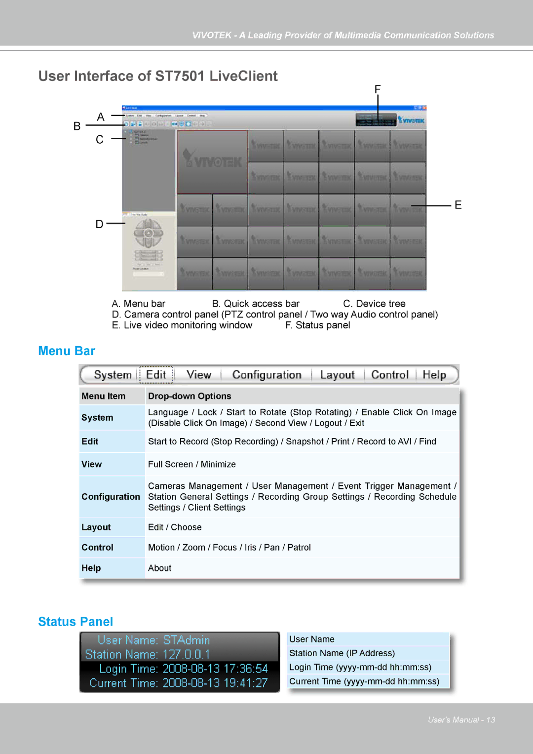 Vivotek manual User Interface of ST7501 LiveClient, Menu Bar, Status Panel 