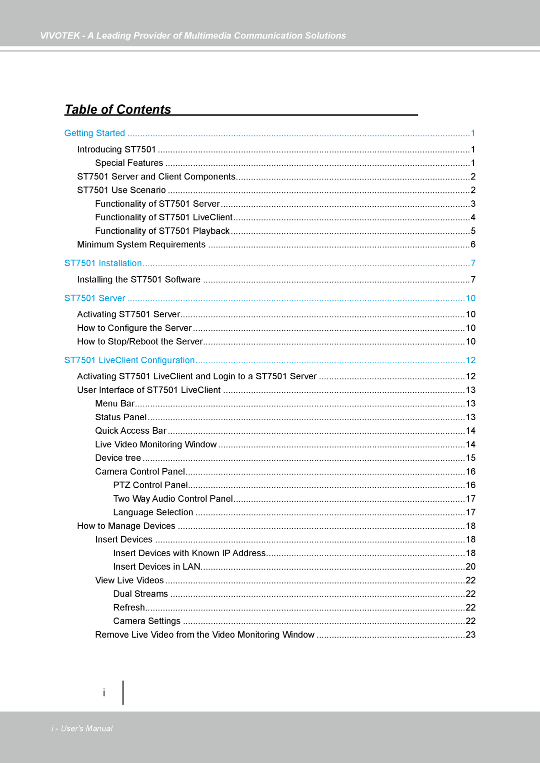 Vivotek ST7501 manual Table of Contents 