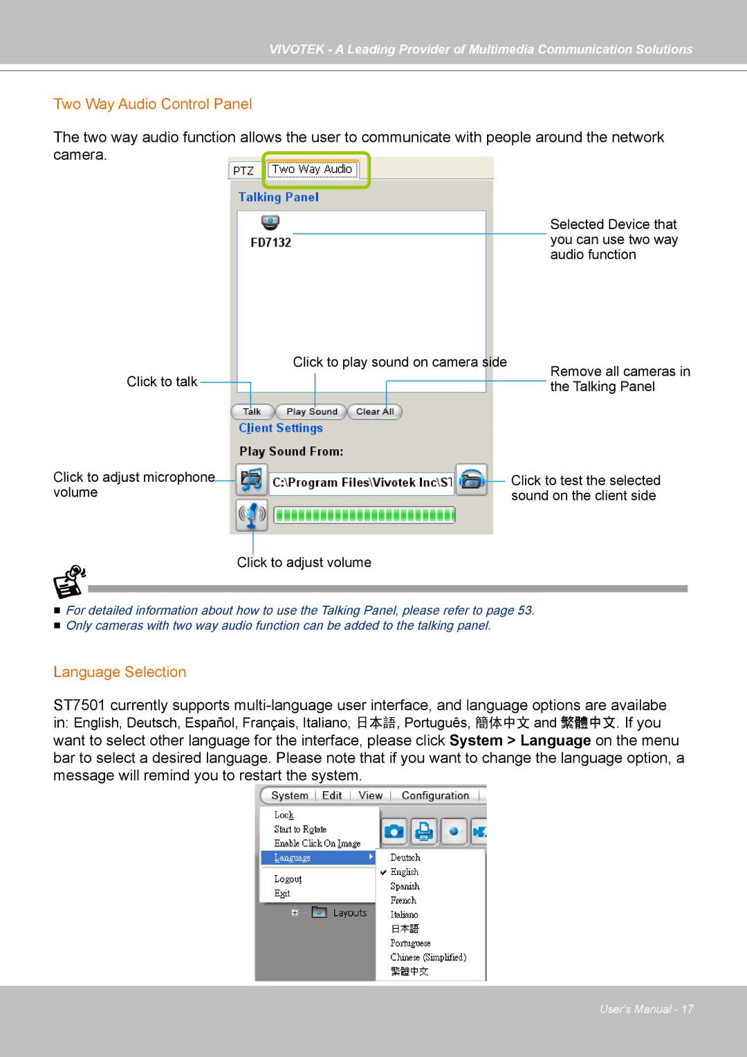 Vivotek ST7501 manual Two Way Audio Control Panel, Language Selection 