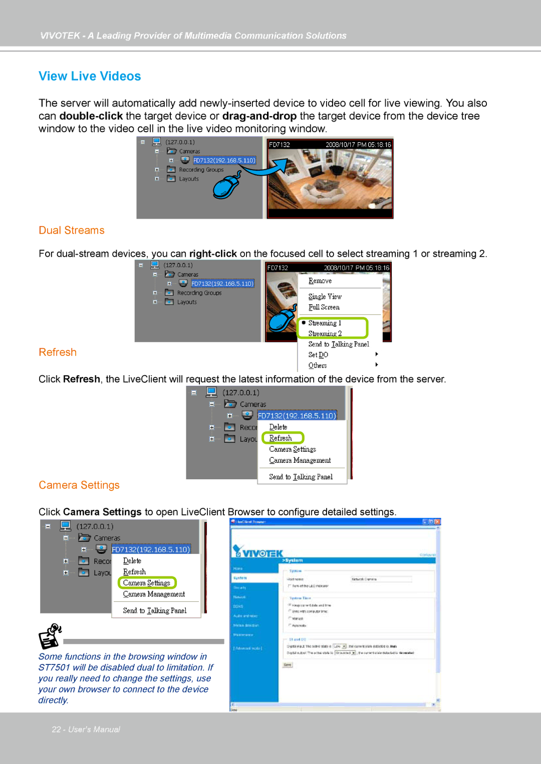 Vivotek ST7501 manual View Live Videos, Dual Streams, Refresh, Camera Settings 