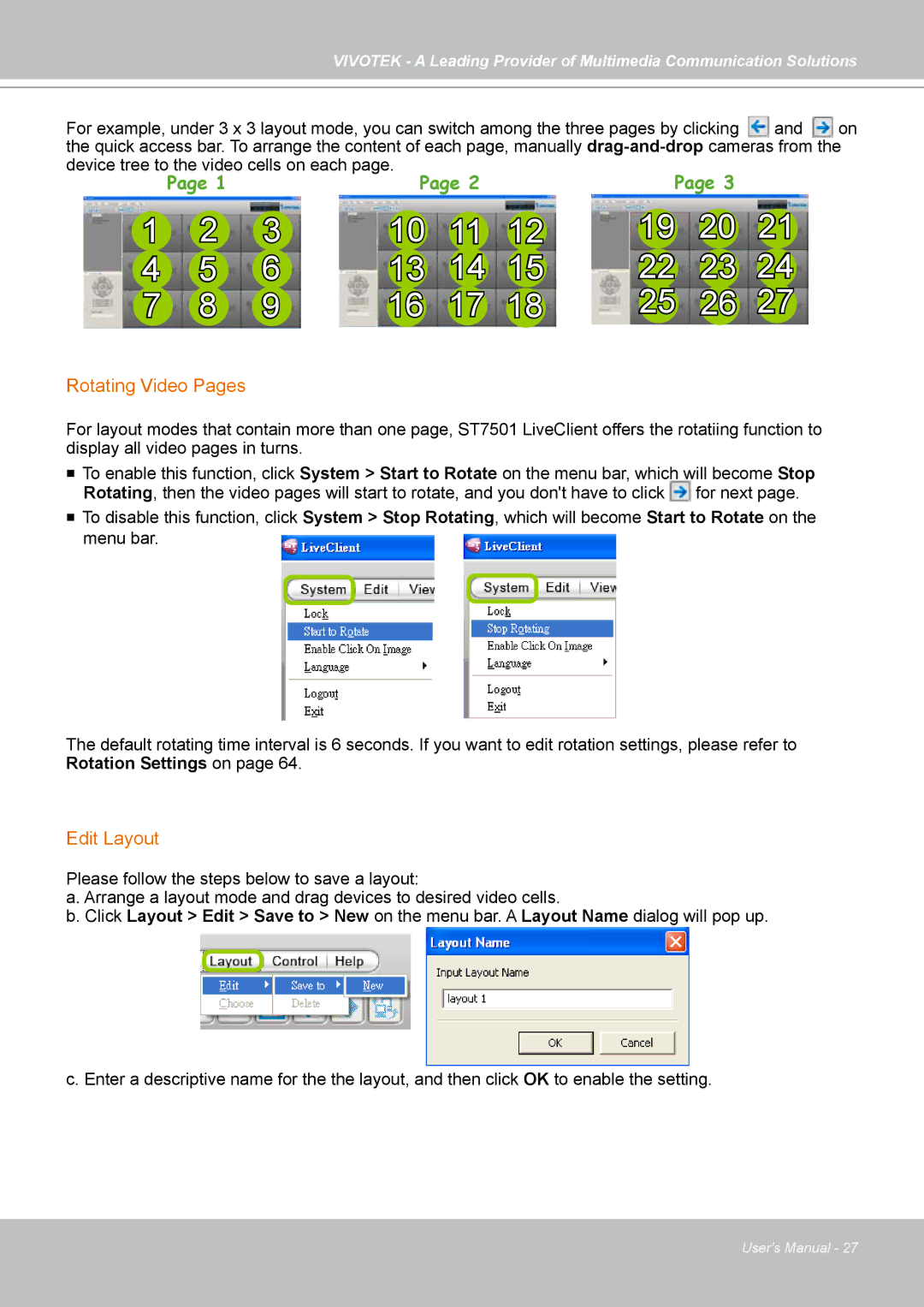 Vivotek ST7501 manual Rotating Video Pages, Edit Layout 