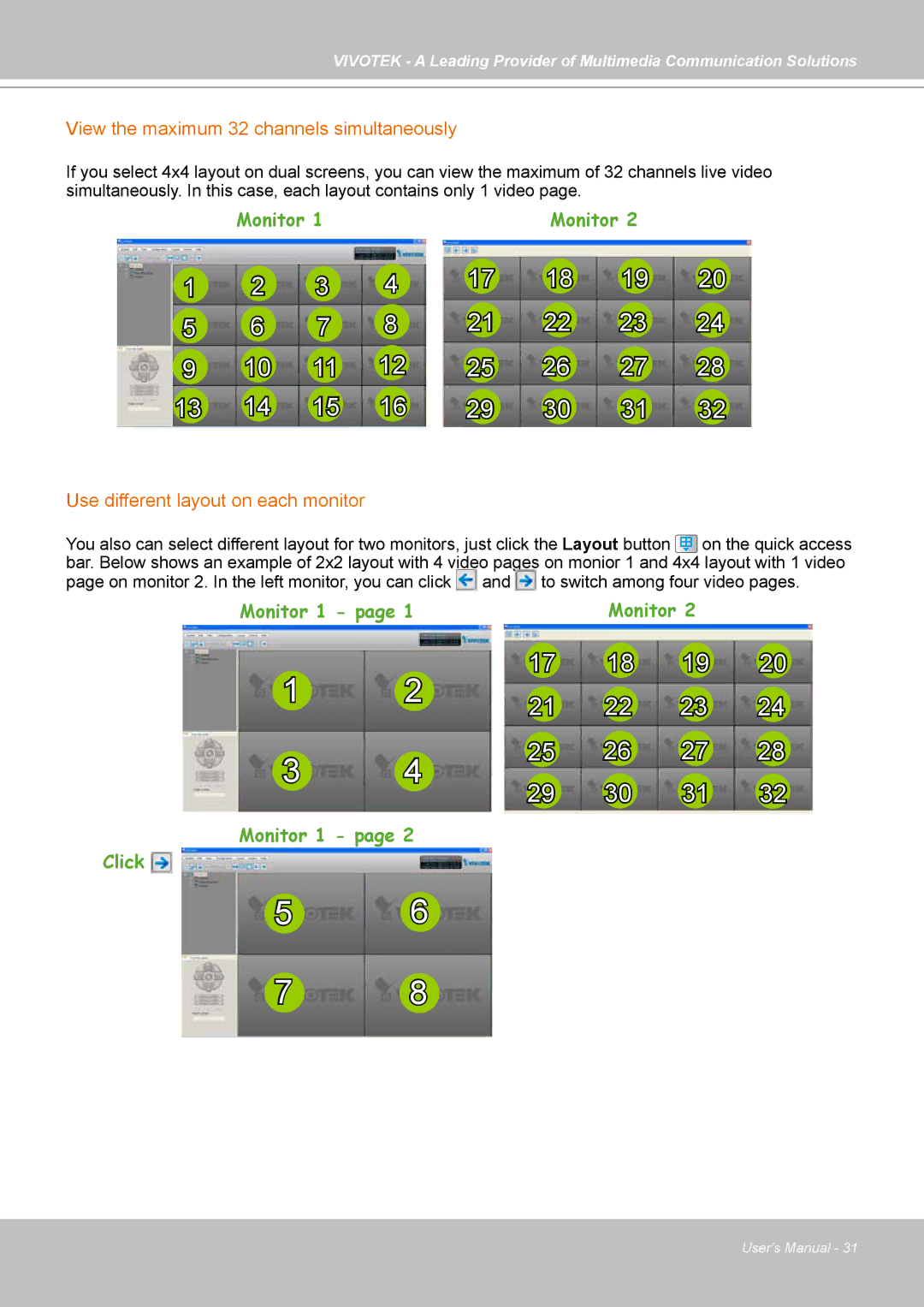 Vivotek ST7501 manual View the maximum 32 channels simultaneously, Use different layout on each monitor 