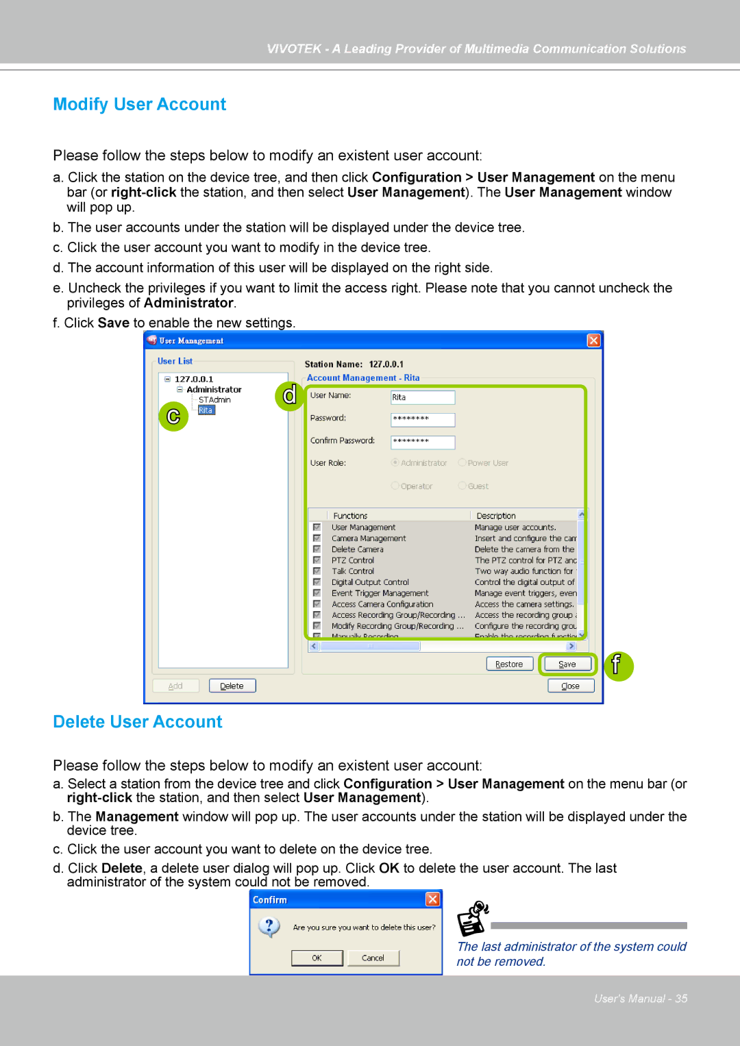 Vivotek ST7501 manual Modify User Account, Delete User Account 