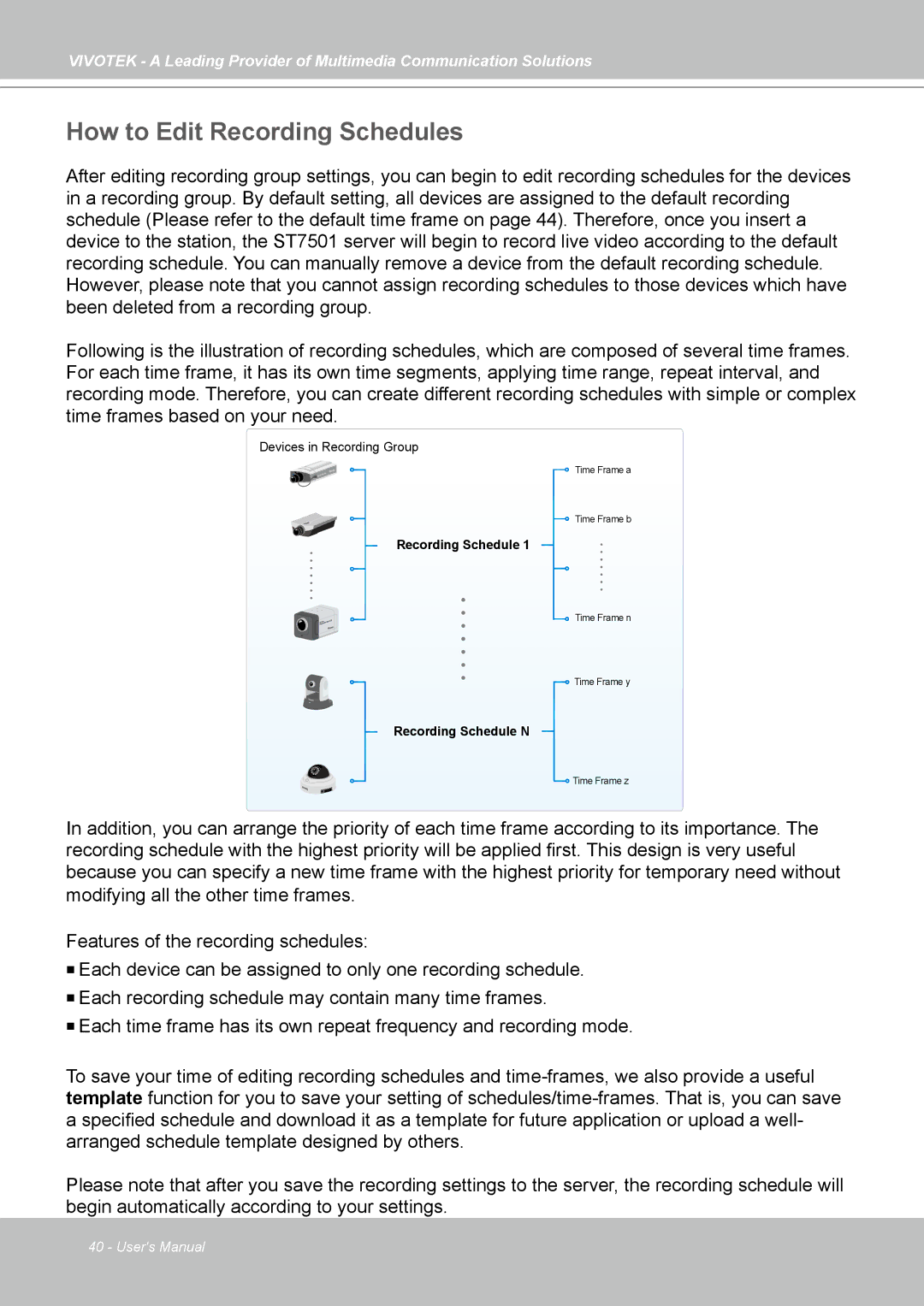 Vivotek ST7501 manual How to Edit Recording Schedules 