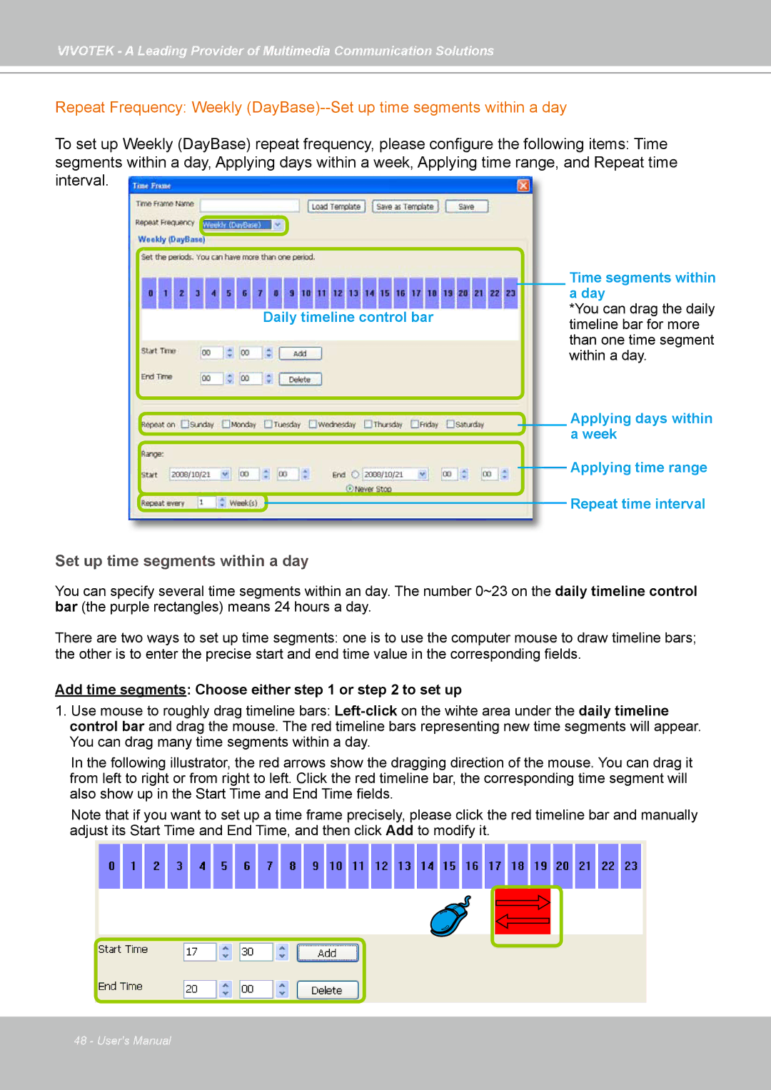 Vivotek ST7501 manual Set up time segments within a day 