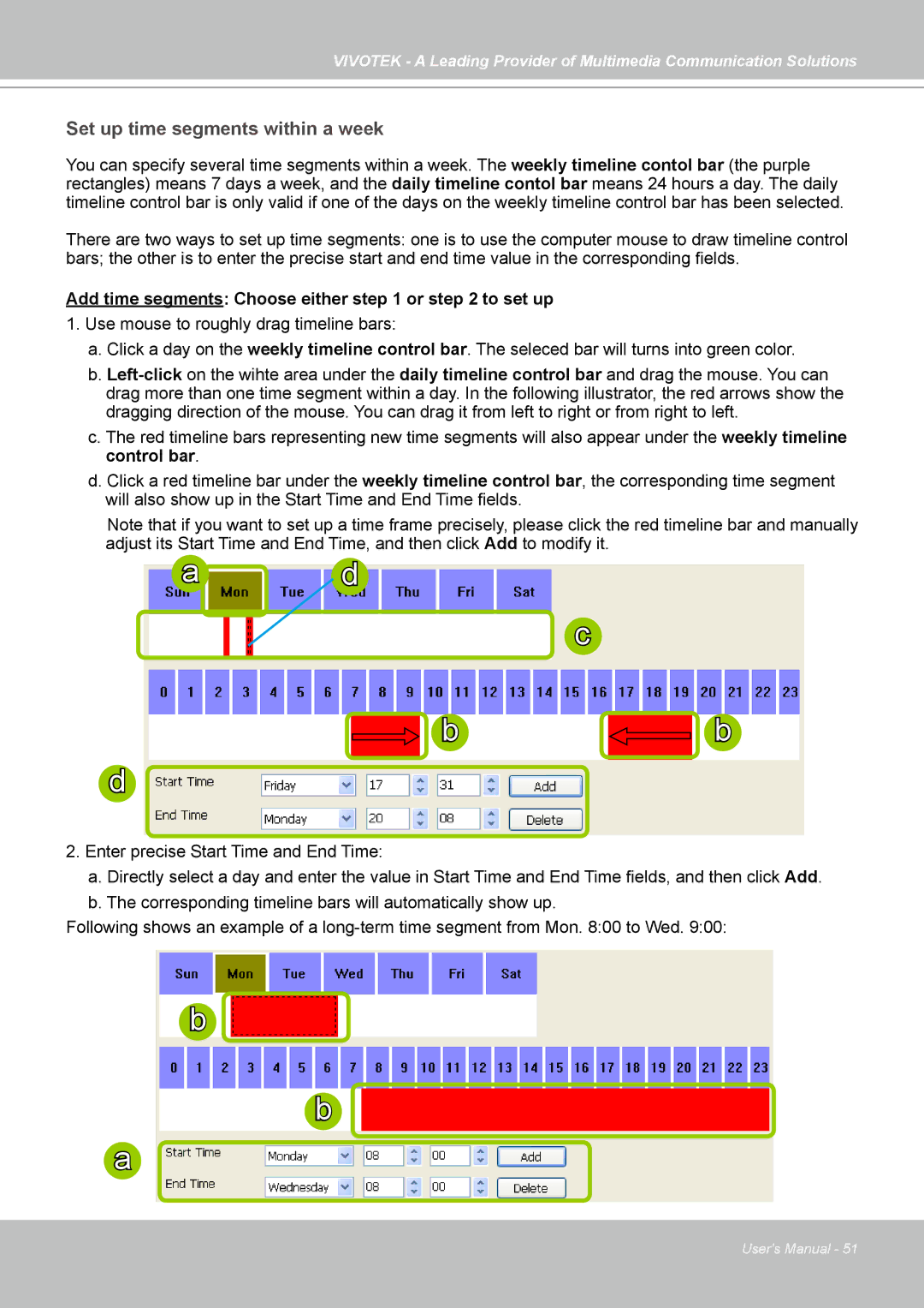 Vivotek ST7501 manual Set up time segments within a week 