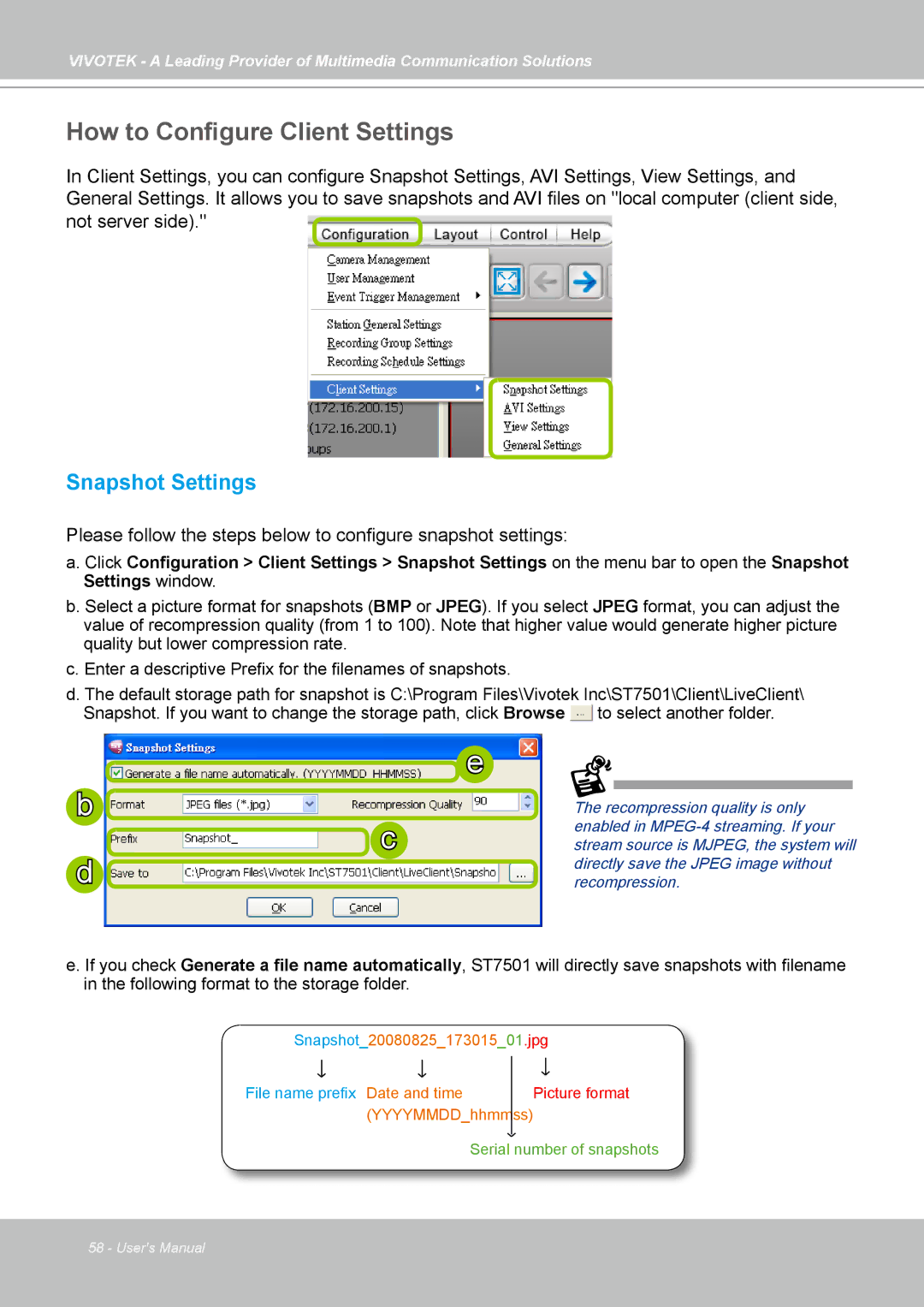 Vivotek ST7501 manual How to Configure Client Settings, Snapshot Settings 