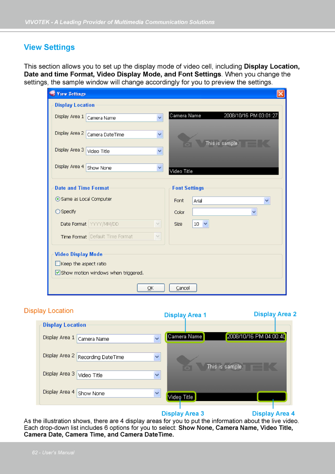 Vivotek ST7501 manual View Settings, Display Location 