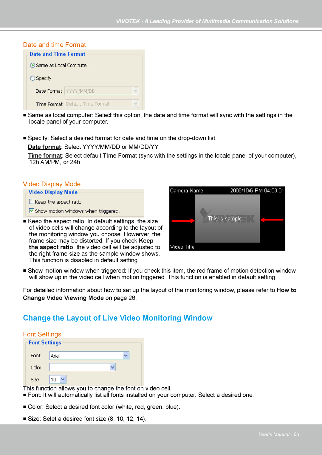 Vivotek ST7501 manual Date and time Format, Video Display Mode, Font Settings 