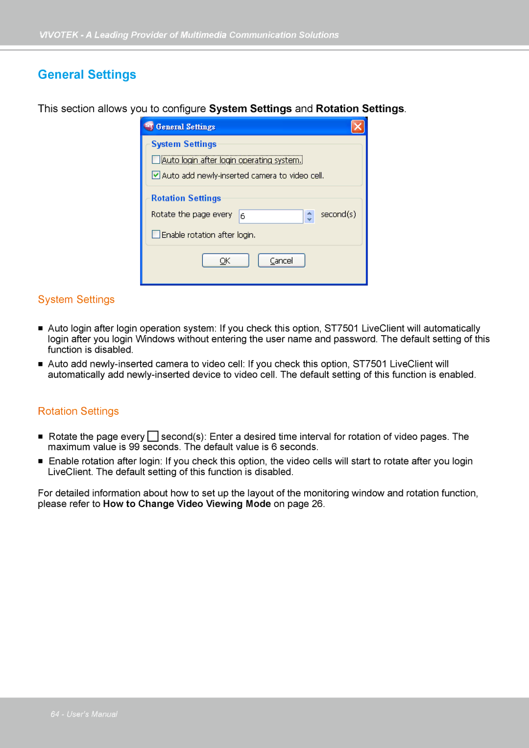 Vivotek ST7501 manual General Settings, System Settings, Rotation Settings 