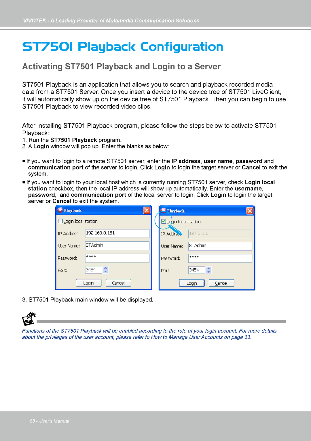 Vivotek manual ST7501 Playback Configuration, Activating ST7501 Playback and Login to a Server 