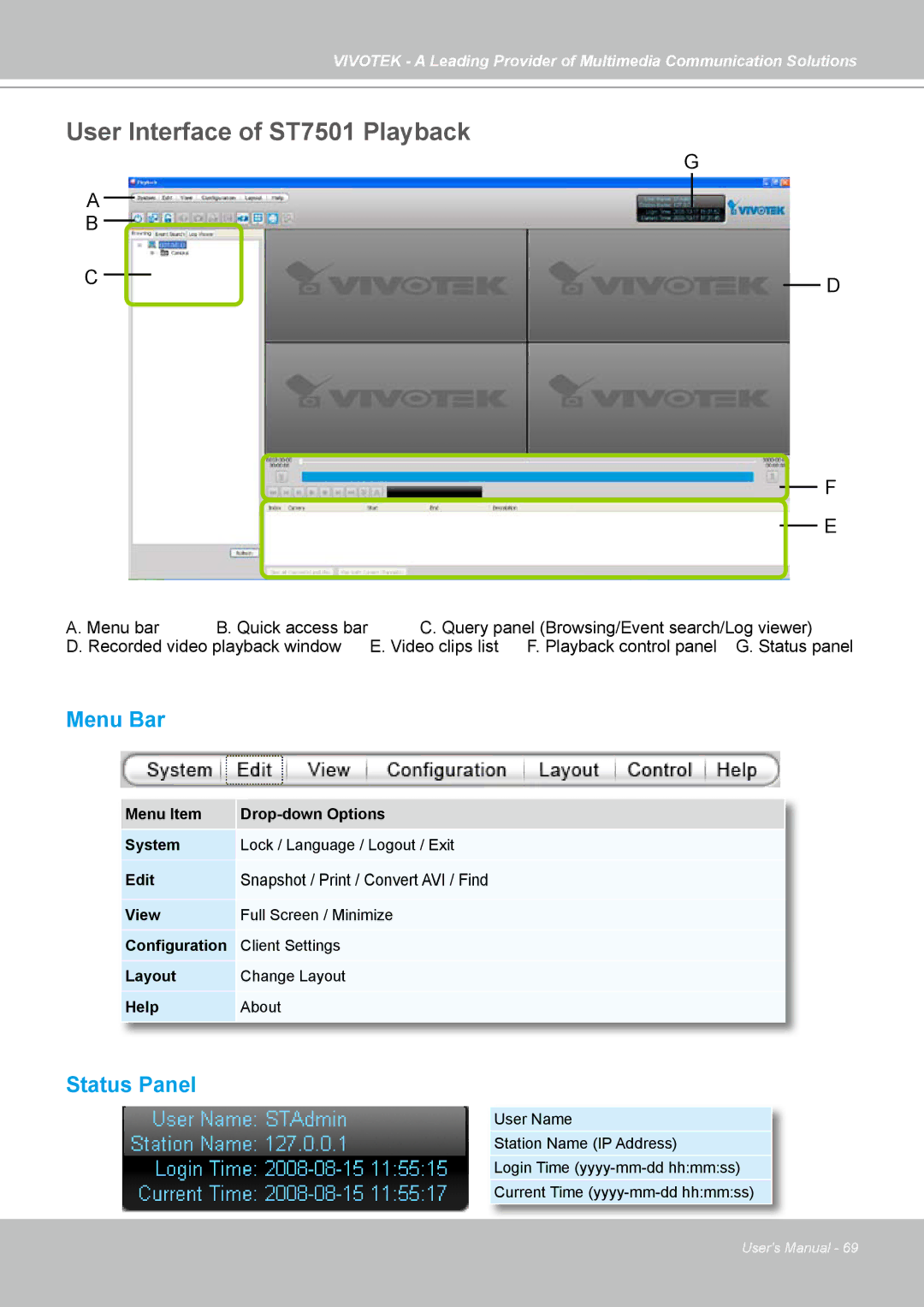 Vivotek manual User Interface of ST7501 Playback, Menu Bar 