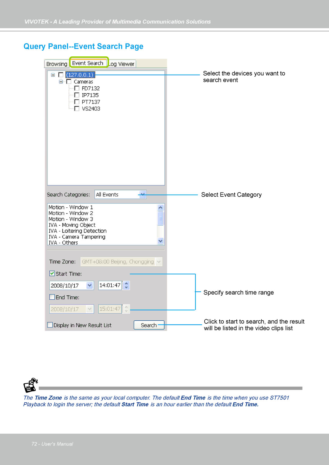 Vivotek ST7501 manual Query Panel--Event Search 