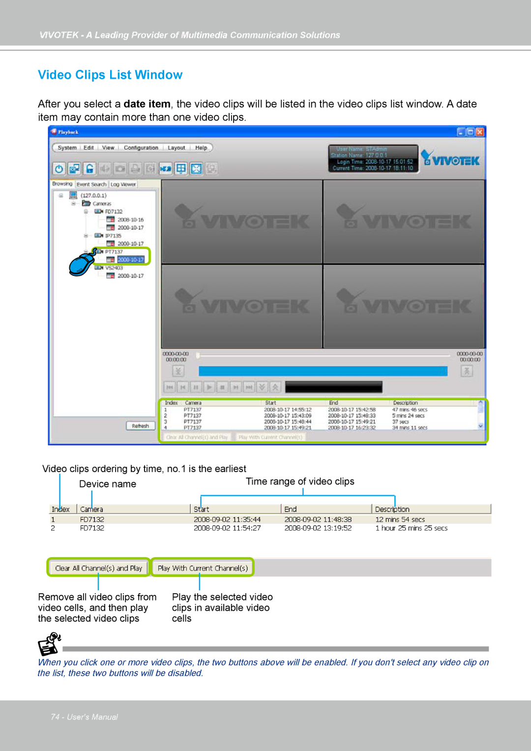 Vivotek ST7501 manual Video Clips List Window 