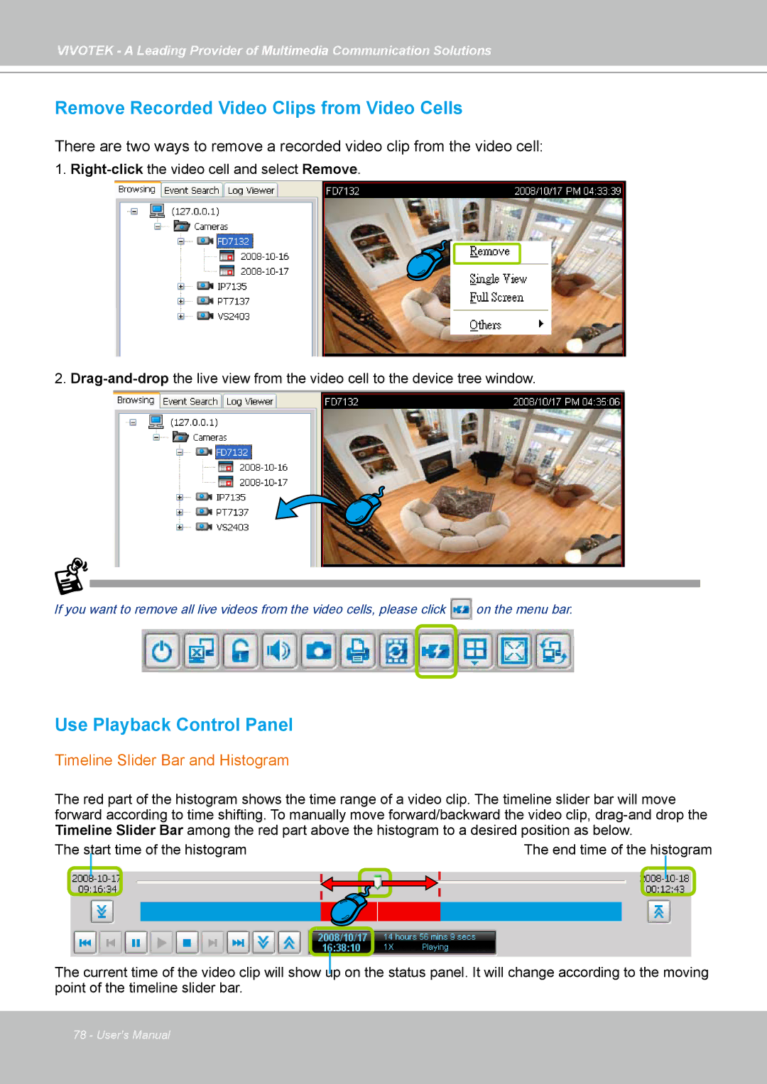 Vivotek ST7501 Remove Recorded Video Clips from Video Cells, Use Playback Control Panel, Timeline Slider Bar and Histogram 