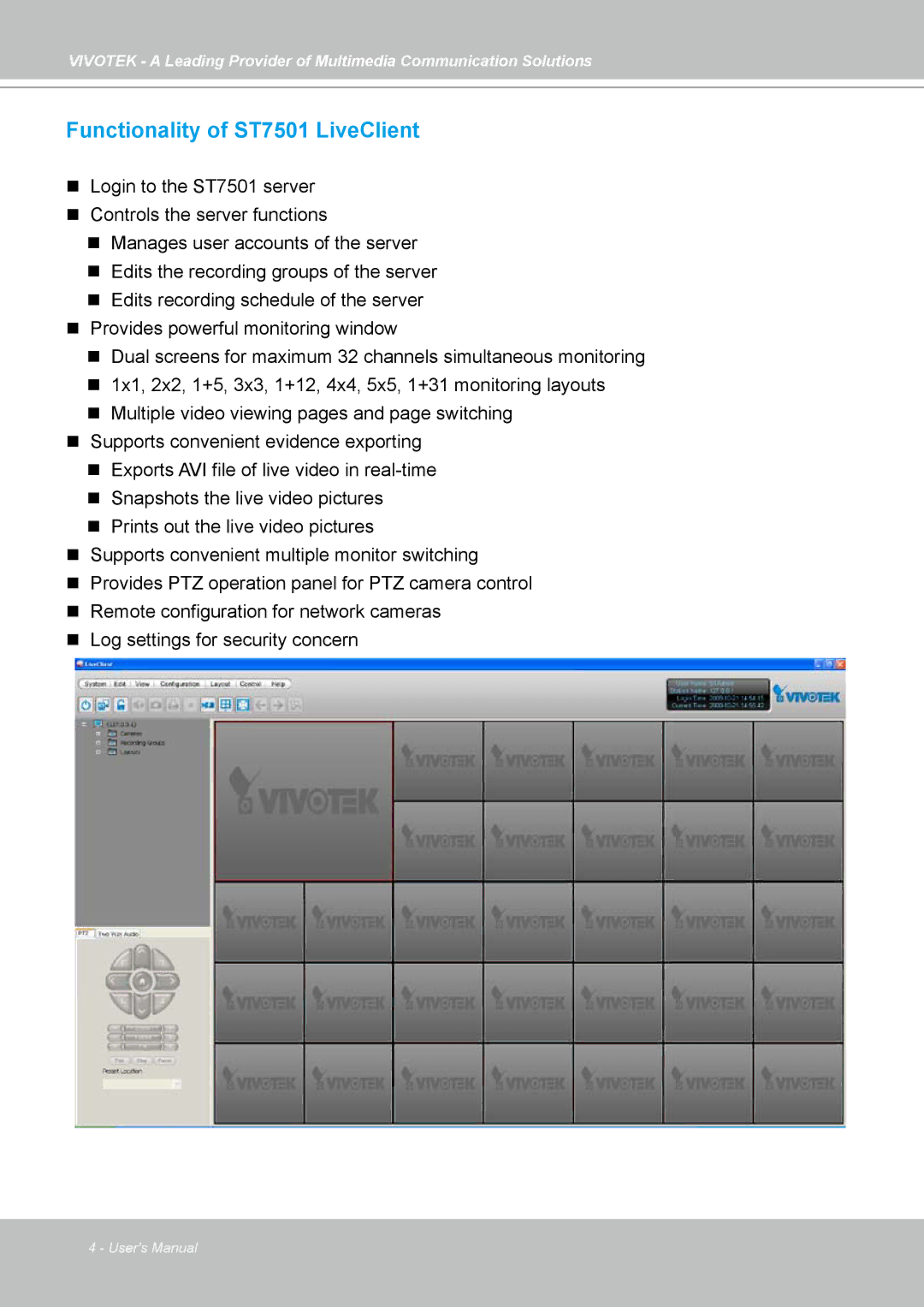 Vivotek manual Functionality of ST7501 LiveClient 