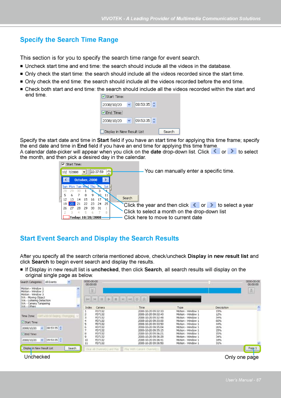 Vivotek ST7501 manual Specify the Search Time Range, Start Event Search and Display the Search Results 