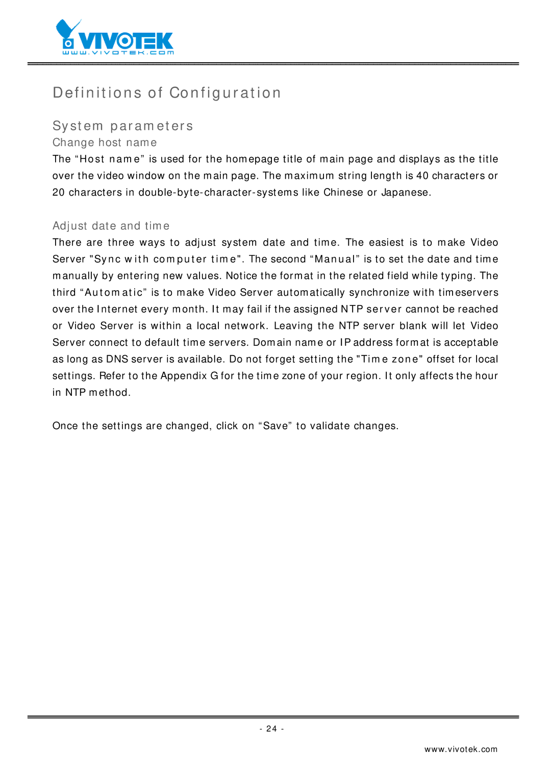Vivotek VS2403 manual Definitions of Configuration, System parameters, Change host name, Adjust date and time 