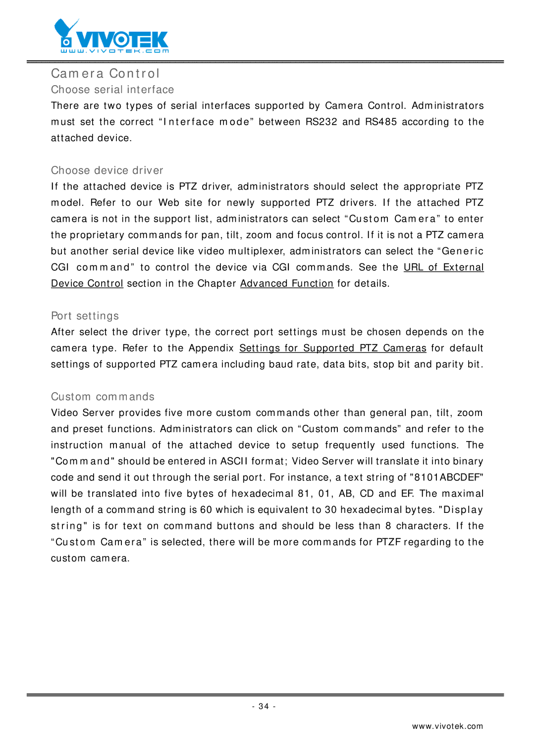 Vivotek VS2403 manual Camera Control, Choose serial interface, Choose device driver, Port settings, Custom commands 