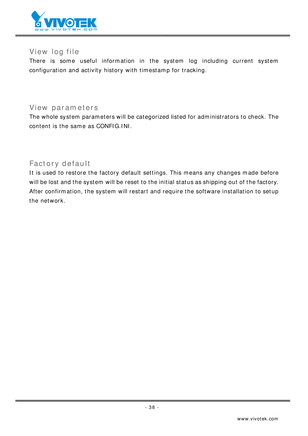 Vivotek VS2403 manual View log file, View parameters, Factory default 