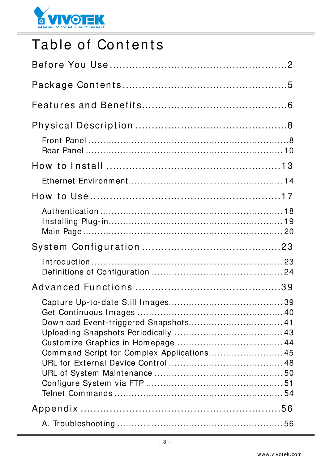 Vivotek VS2403 manual Table of Contents 