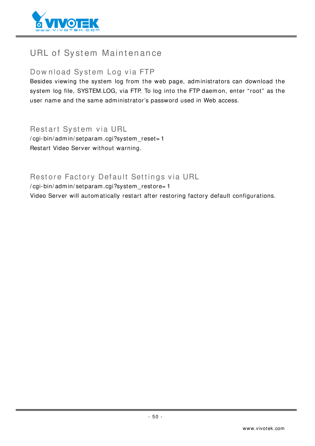 Vivotek VS2403 manual URL of System Maintenance, Download System Log via FTP, Restart System via URL 