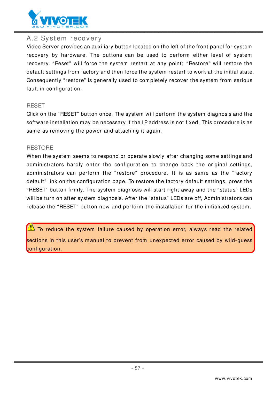 Vivotek VS2403 manual System recovery, Reset 