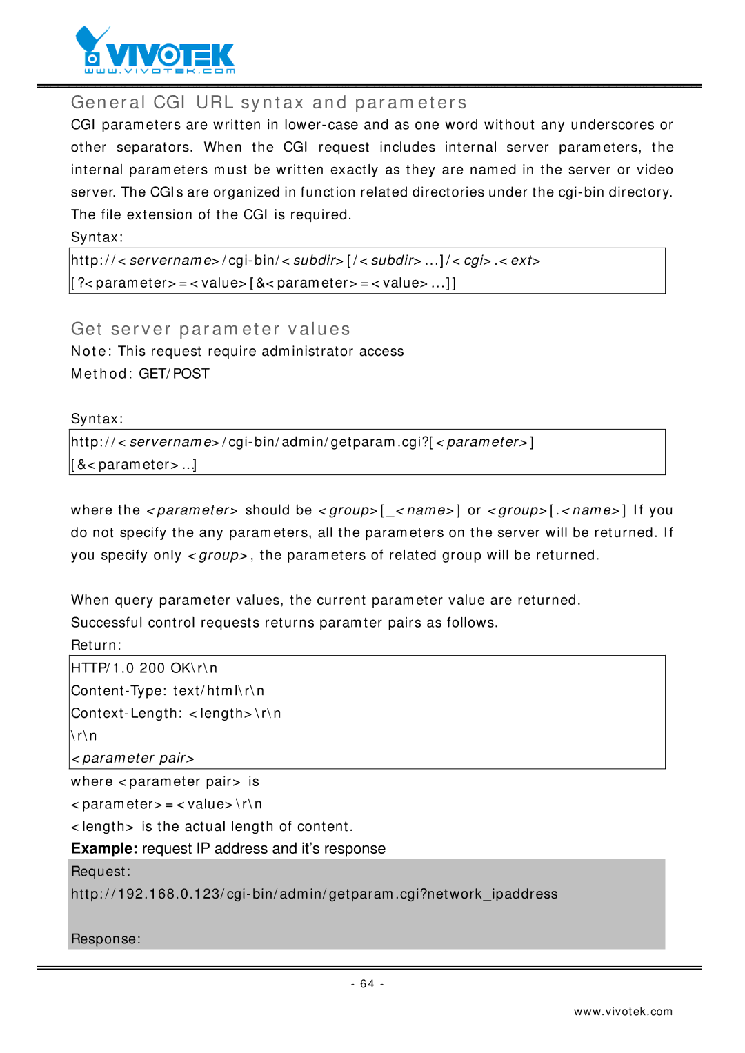 Vivotek VS2403 manual General CGI URL syntax and parameters, Get server parameter values, Method GET/POST 